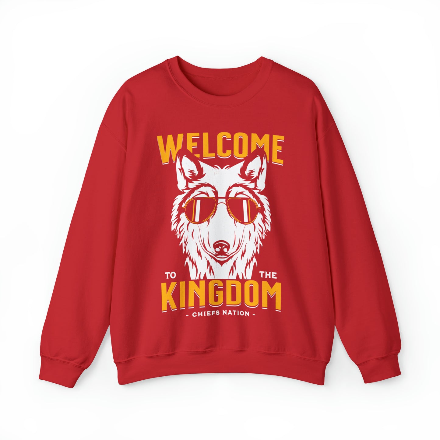 KC Swag Kansas City Chiefs Distressed White & Gold Cool Wolf Kingdom on a Red Crewneck Sweatshirt