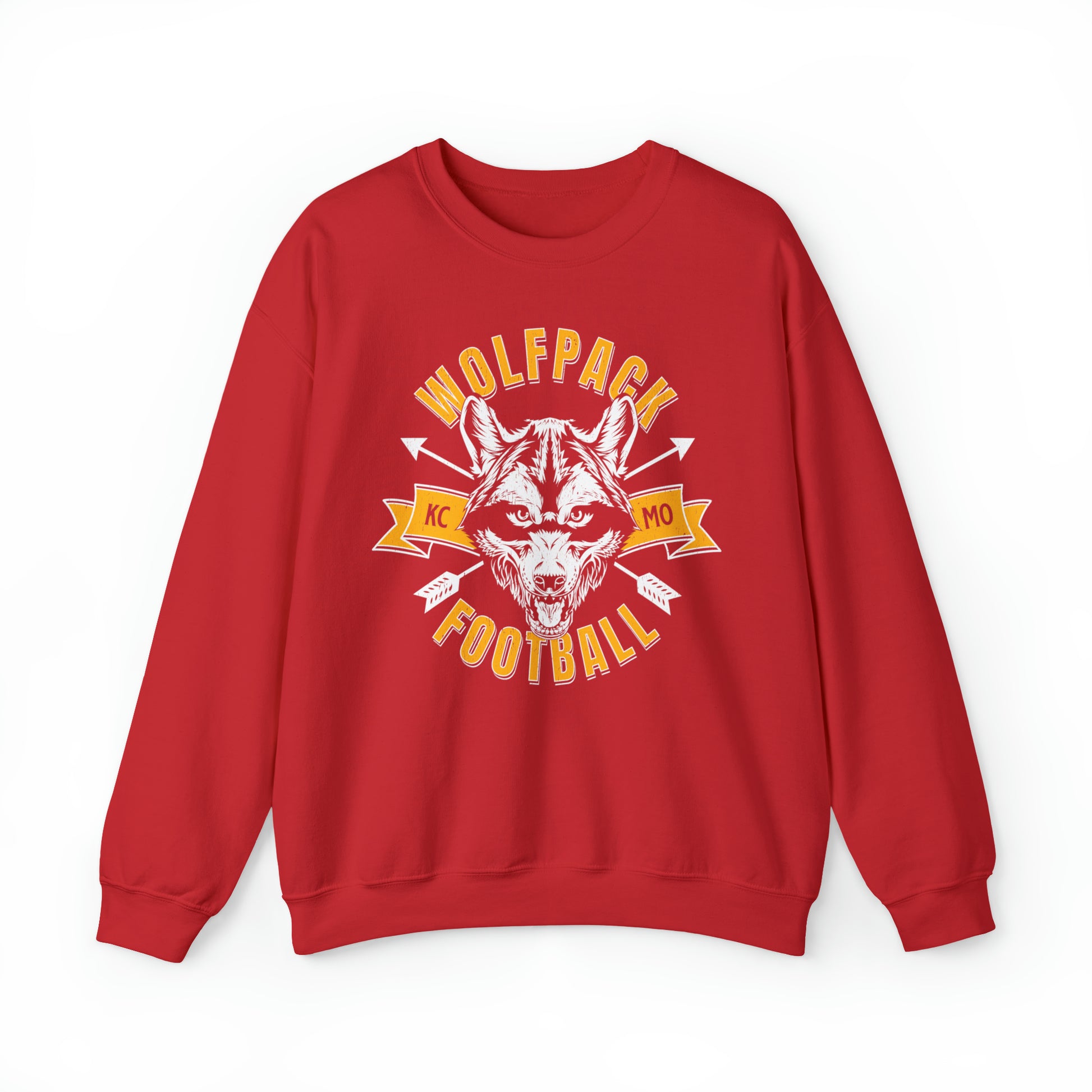KC Swag Kansas City Chiefs Distressed White & Gold Wolfpack Football on a Red Crewneck Sweatshirt