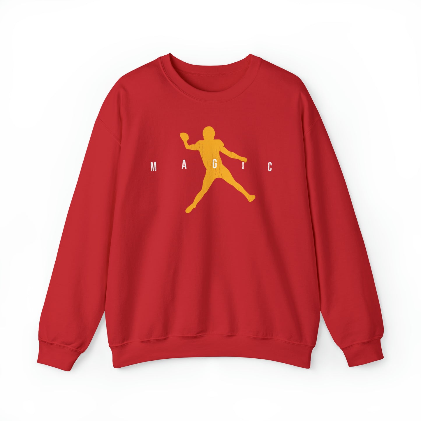 KC Swag Kansas City Chiefs Distressed White & Gold Magic Air Mahomie on a Red Crewneck Sweatshirt