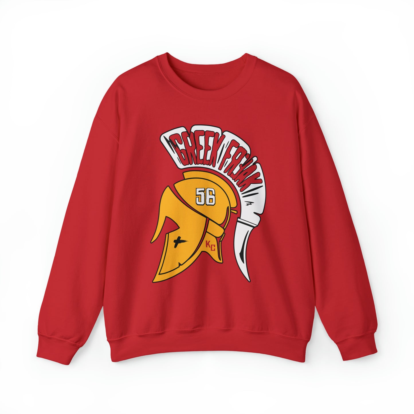 KC Swag Kansas City Chiefs White & Gold Greek Freak (with Trojan Helmet) on a Red Crewneck Sweatshirt