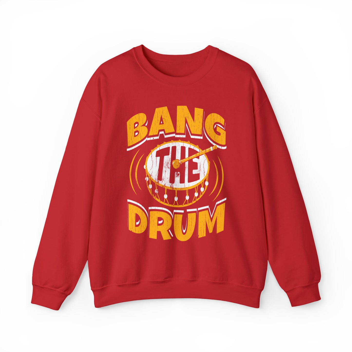 KC Swag Kansas City Chiefs Distressed White & Gold Band The Drum on a Red Crewneck Sweatshirt