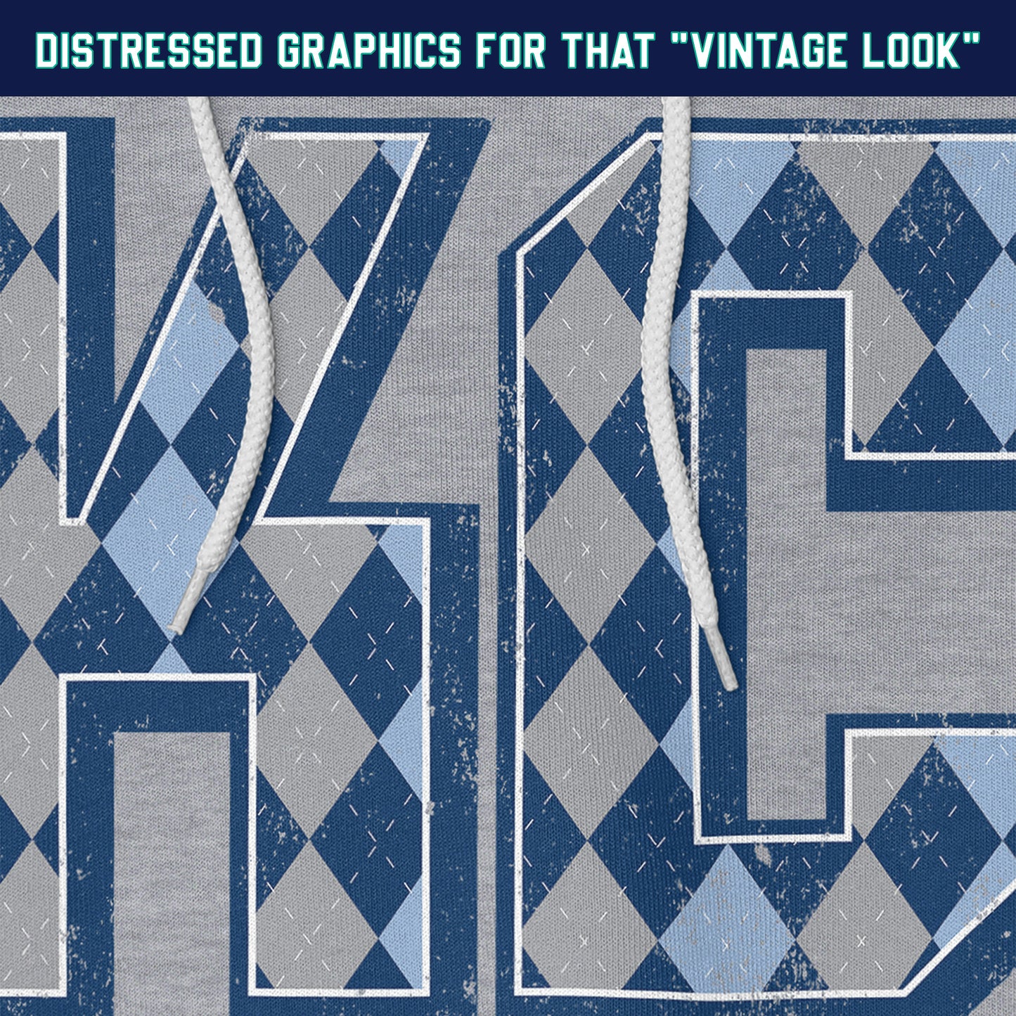 KC Swag Sporting Kansas City powder blue/navy/grey/white ARGYLE pattern KC on athletic heather grey fleece pull-over hoodie closeup details of distressed graphics