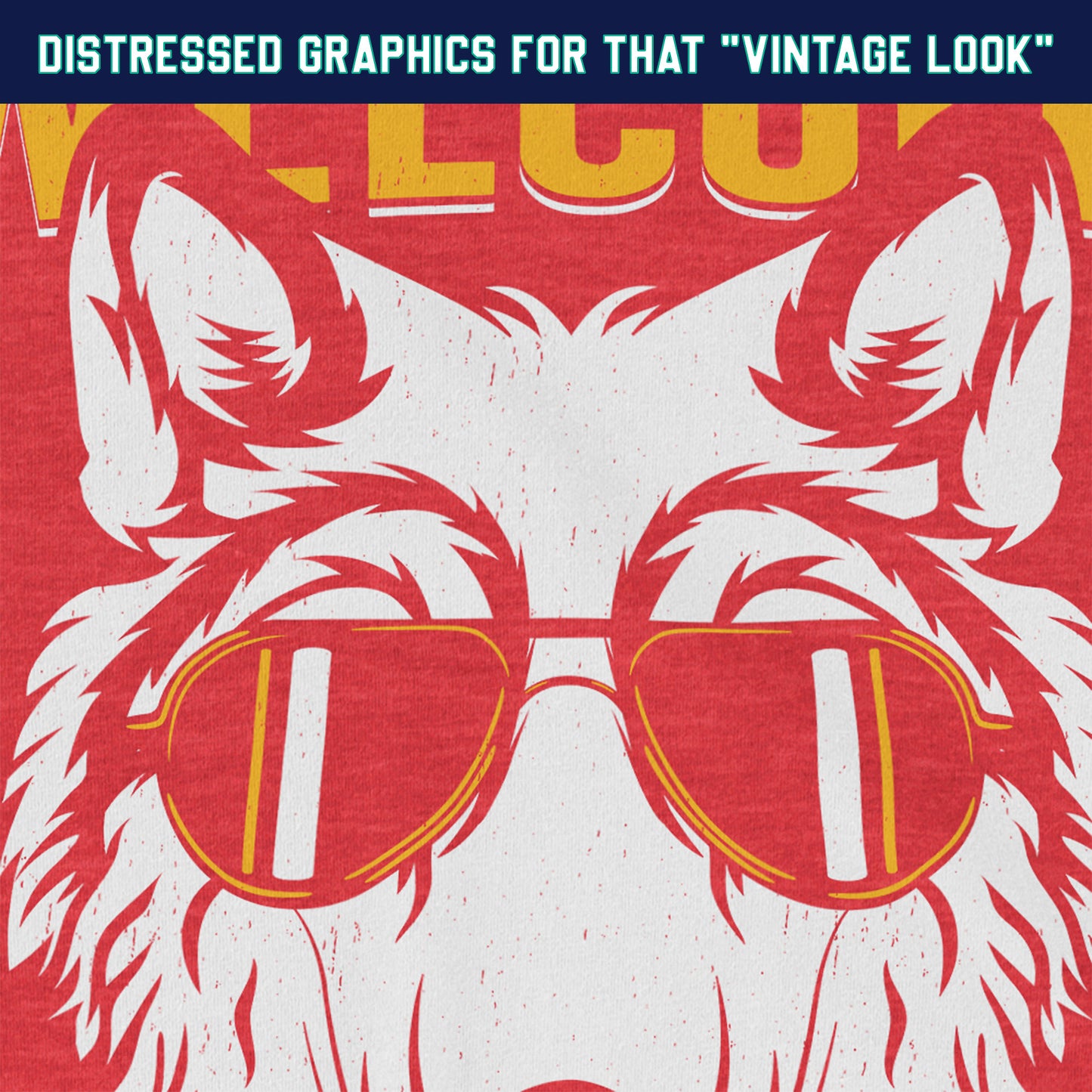 KC Swag | Kansas City Chiefs white & gold COOL WOLF KINGDOM on heather red unisex t-shirt closeup details of distressed graphics