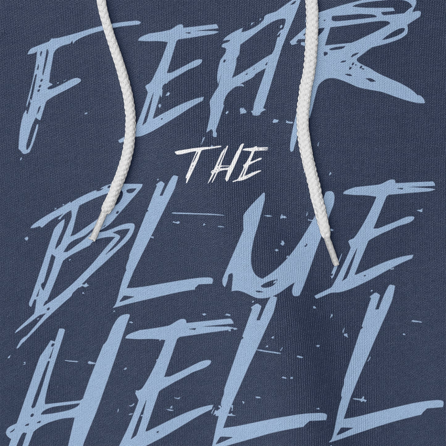 KC Swag Sporting Kansas City powder blue/white FEAR THE BLUE HELL on navy fleece pull-over hoodie closeup details of printed graphics