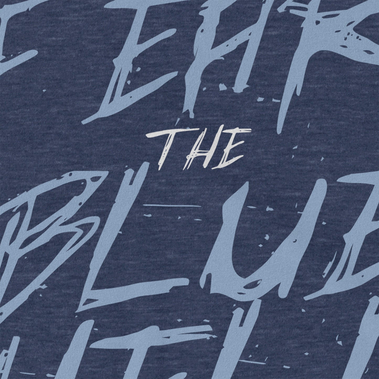 KC Swag Sporting Kansas City powder blue white FEAR THE BLUE HELL on heather navy t-shirt closeup details of printed graphics