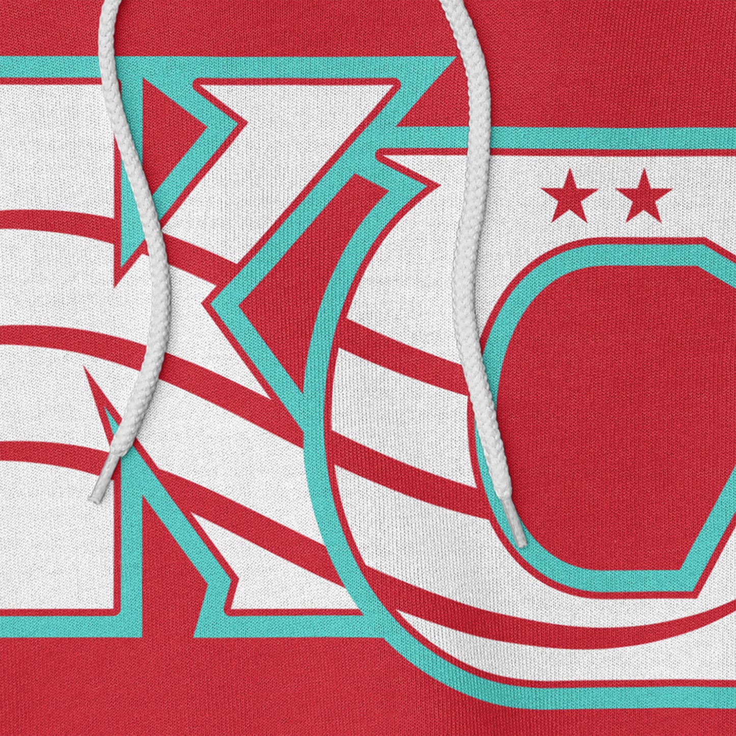 KC Swag Kansas City Current CURRENT KC on red fleece pullover hoodie closeup details of printed graphics