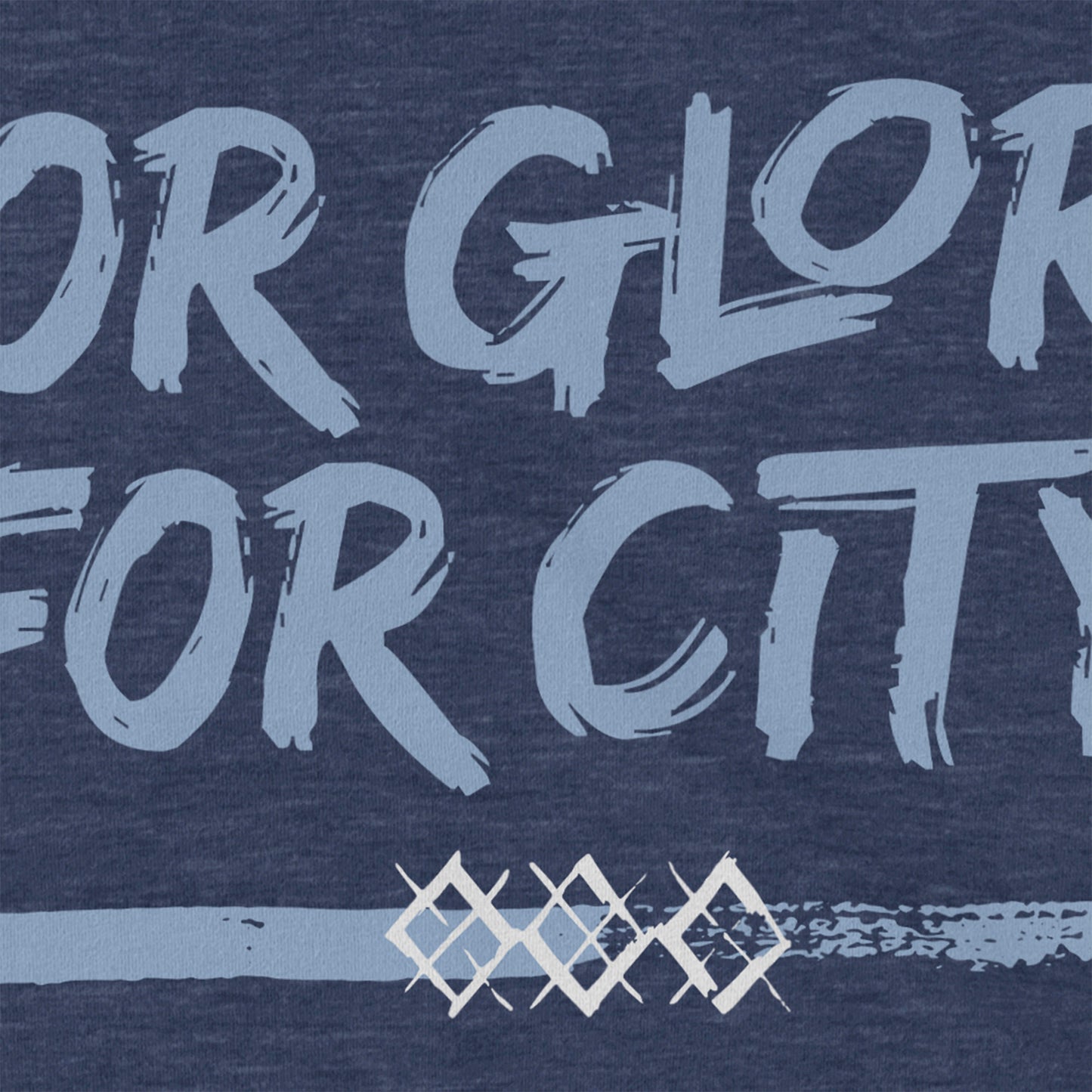 KC Swag Sporting Kansas City navy, powder, white FOR GLORY FOR CITY on heather navy unisex t-shirt closeup details of printed graphics