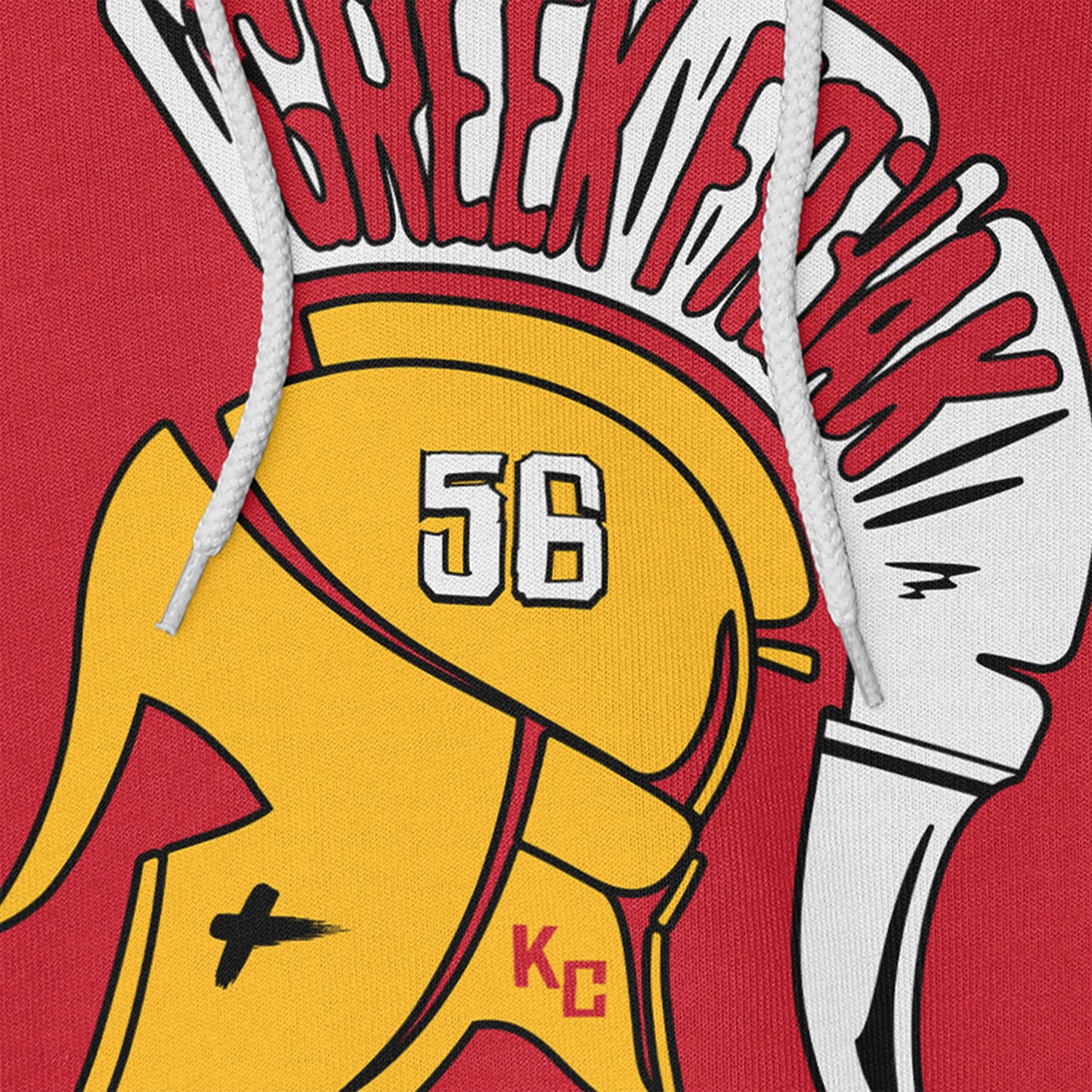 KC Swag | Kansas City Chiefs white/gold GREAT FREAK 56 on red sponge-fleece pullover hoodie closeup details of printed graphics