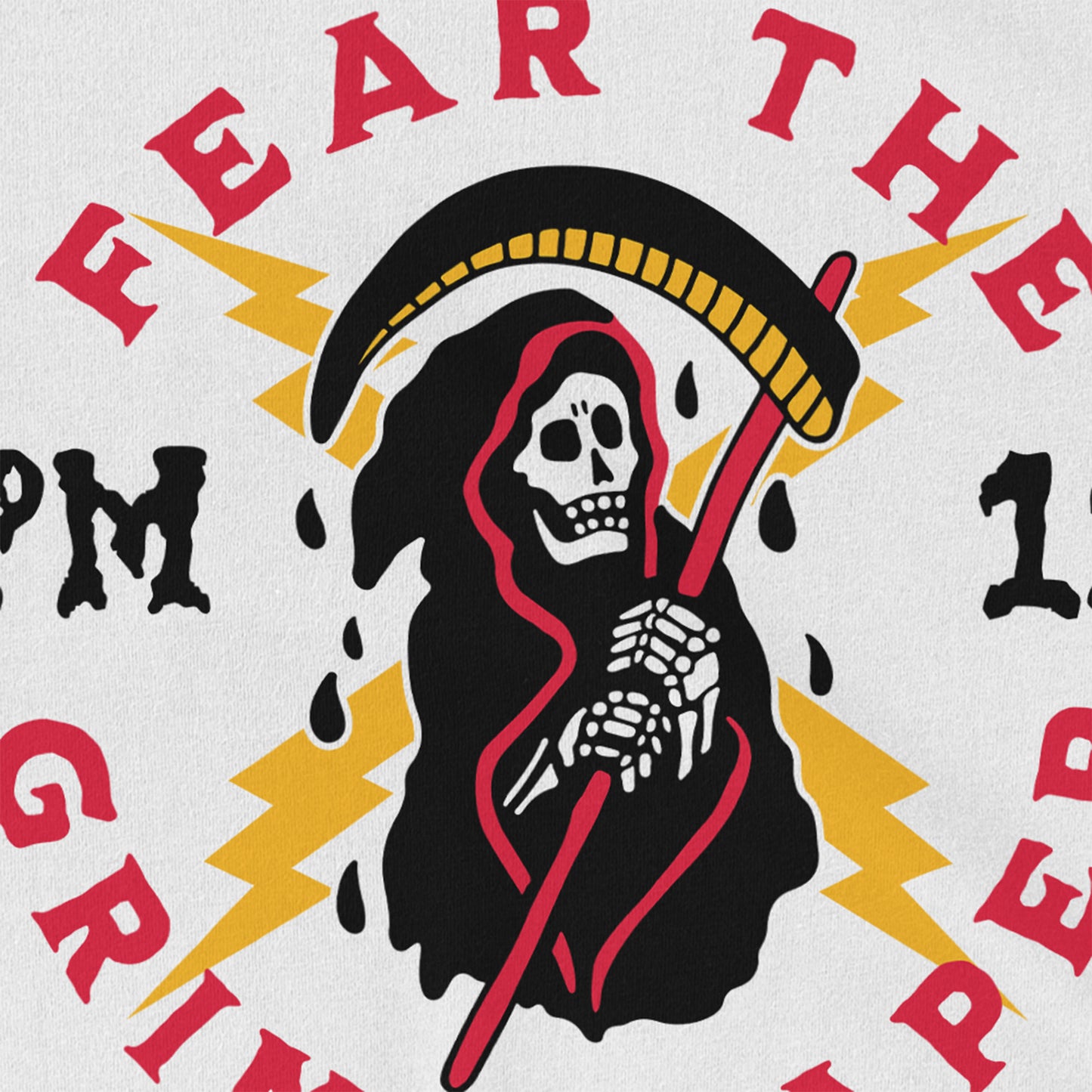 KC Swag Kansas City Chiefs GRIM REAPER PM15 on white t-shirt closeup details of printed graphics