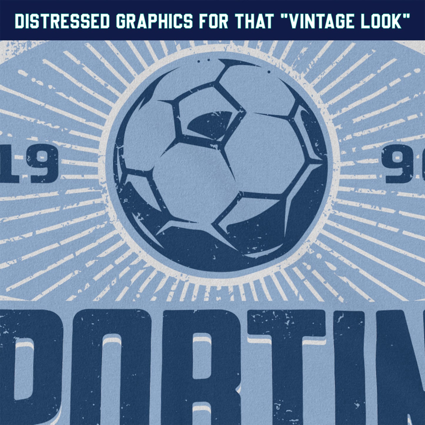 KC Swag Sporting Kansas City navy, powder, white SPORTING CLUB on baby blue unisex t-shirt closeup details of distressed graphics