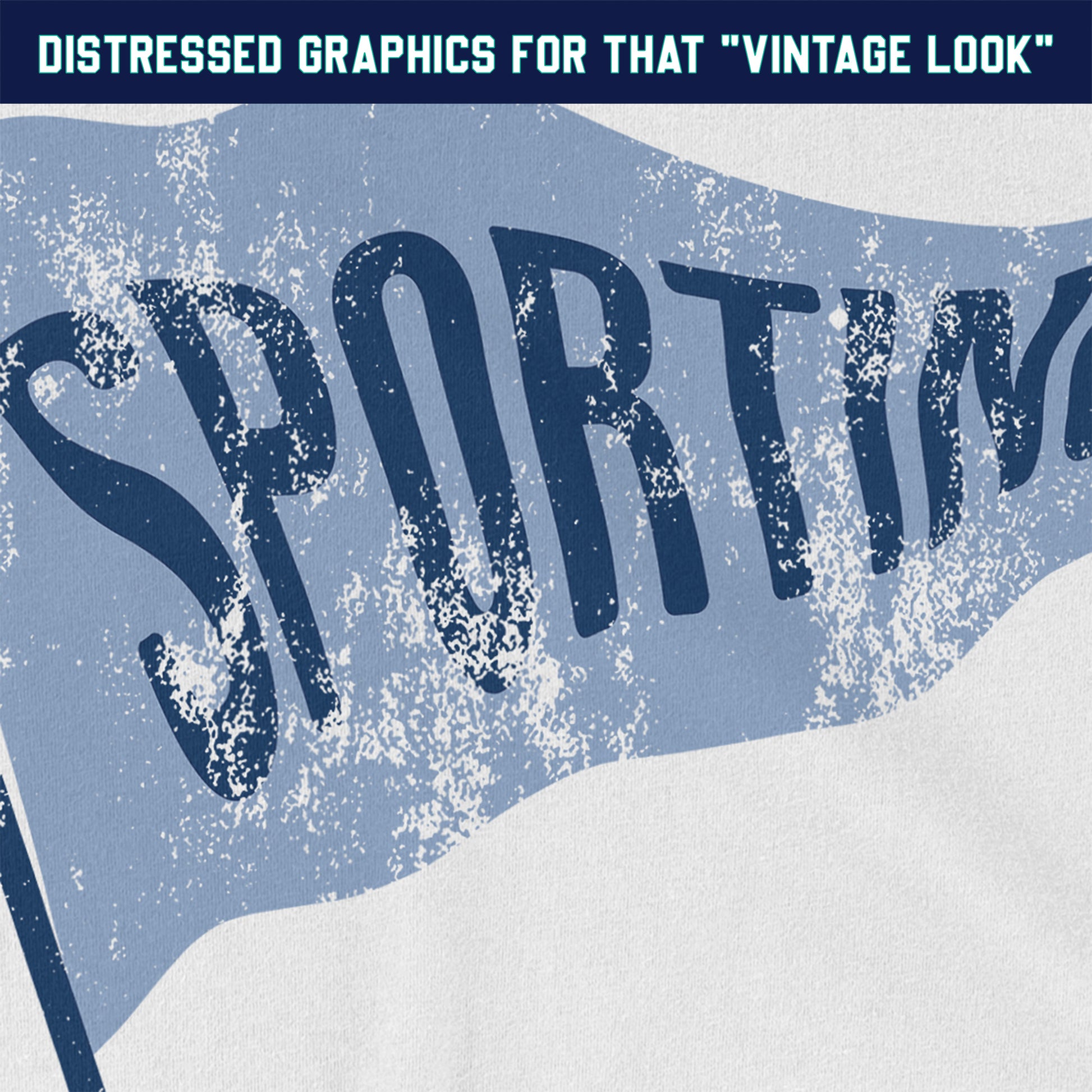 KC Swag Sporting Kansas City powder blue/navy SPORTING PENNANT on white t-shirt closeup details of distressed graphics