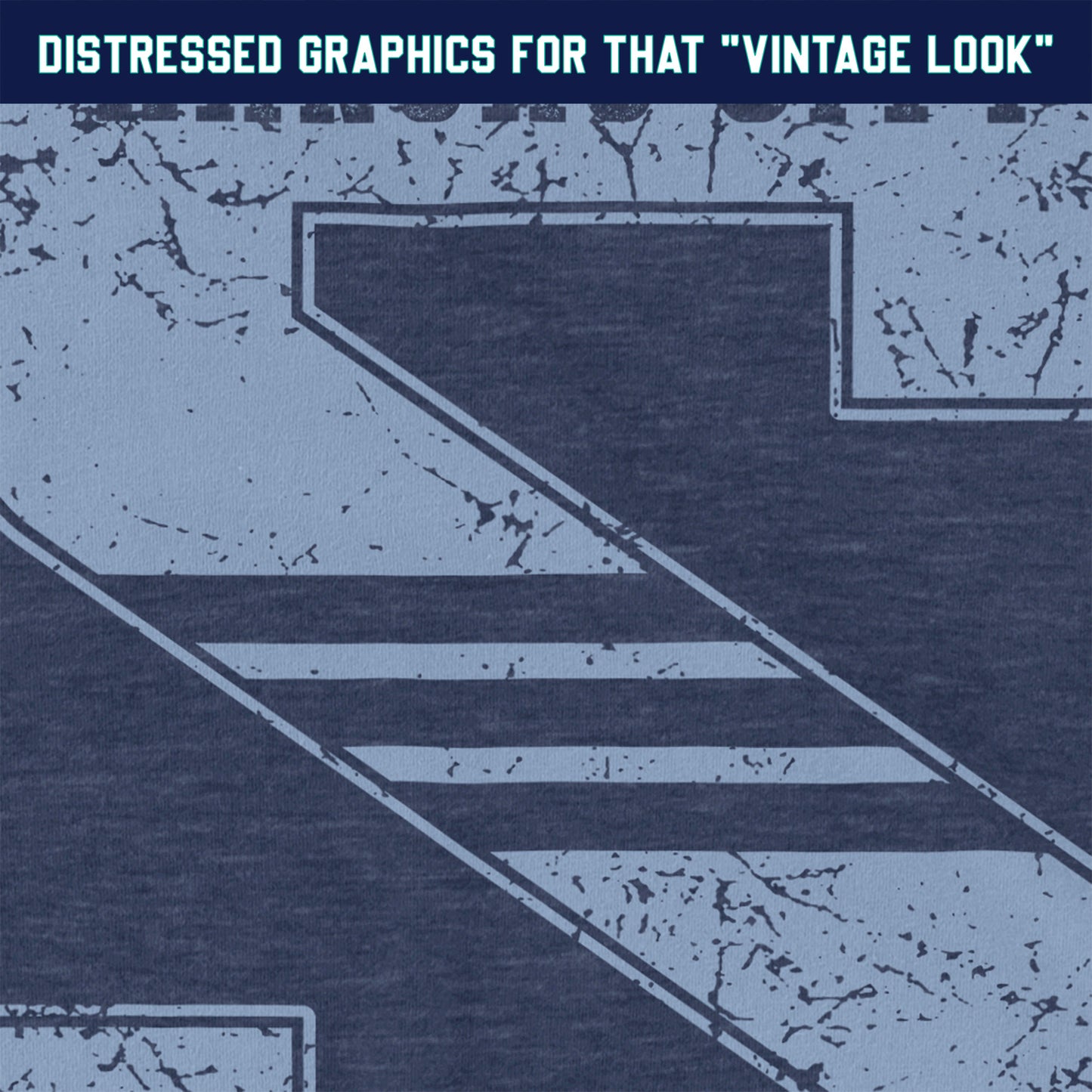 KC Swag Sporting Kansas City powder blue KANSAS CITY FOOTBALL CLUB on giant striped S on heather navy t-shirt closeup details of distressed graphics