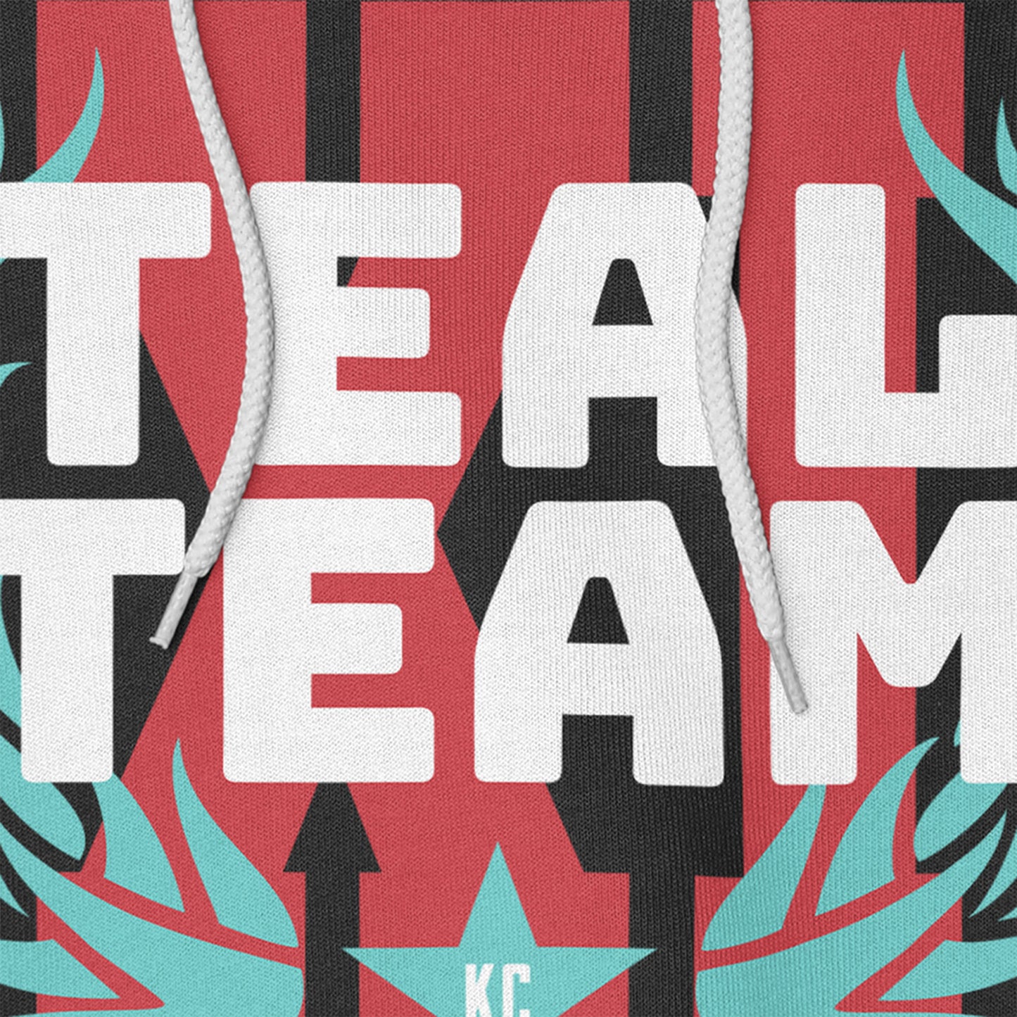 KC Swag Kansas City Current TEAL TEAM XI on black fleece pullover hoodie closeup details of printed graphics