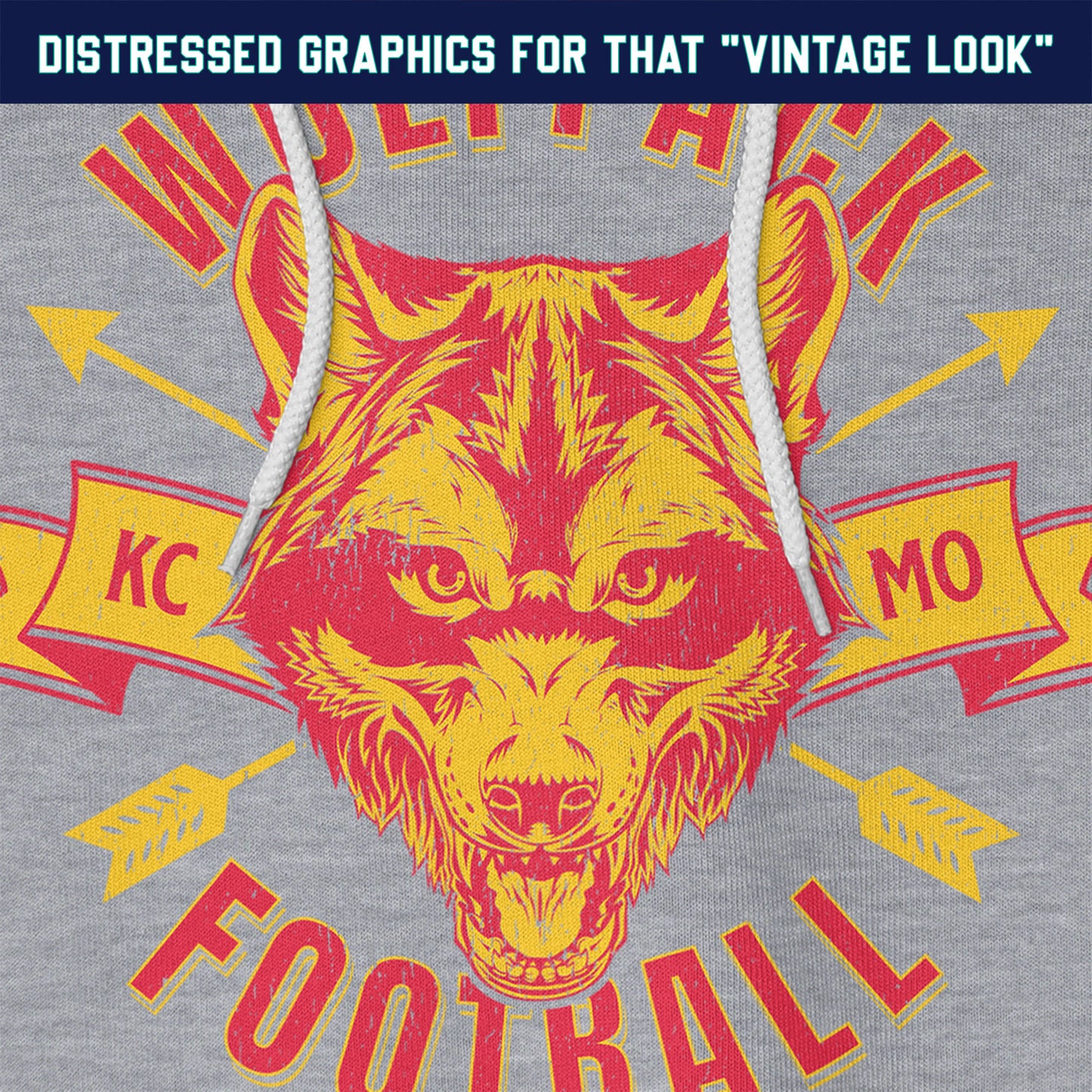 KC Swag Kansas City Chiefs WOLFPACK FOOTBALL on athletic heather grey fleece pull-over hoodie closeup details of distressed graphics