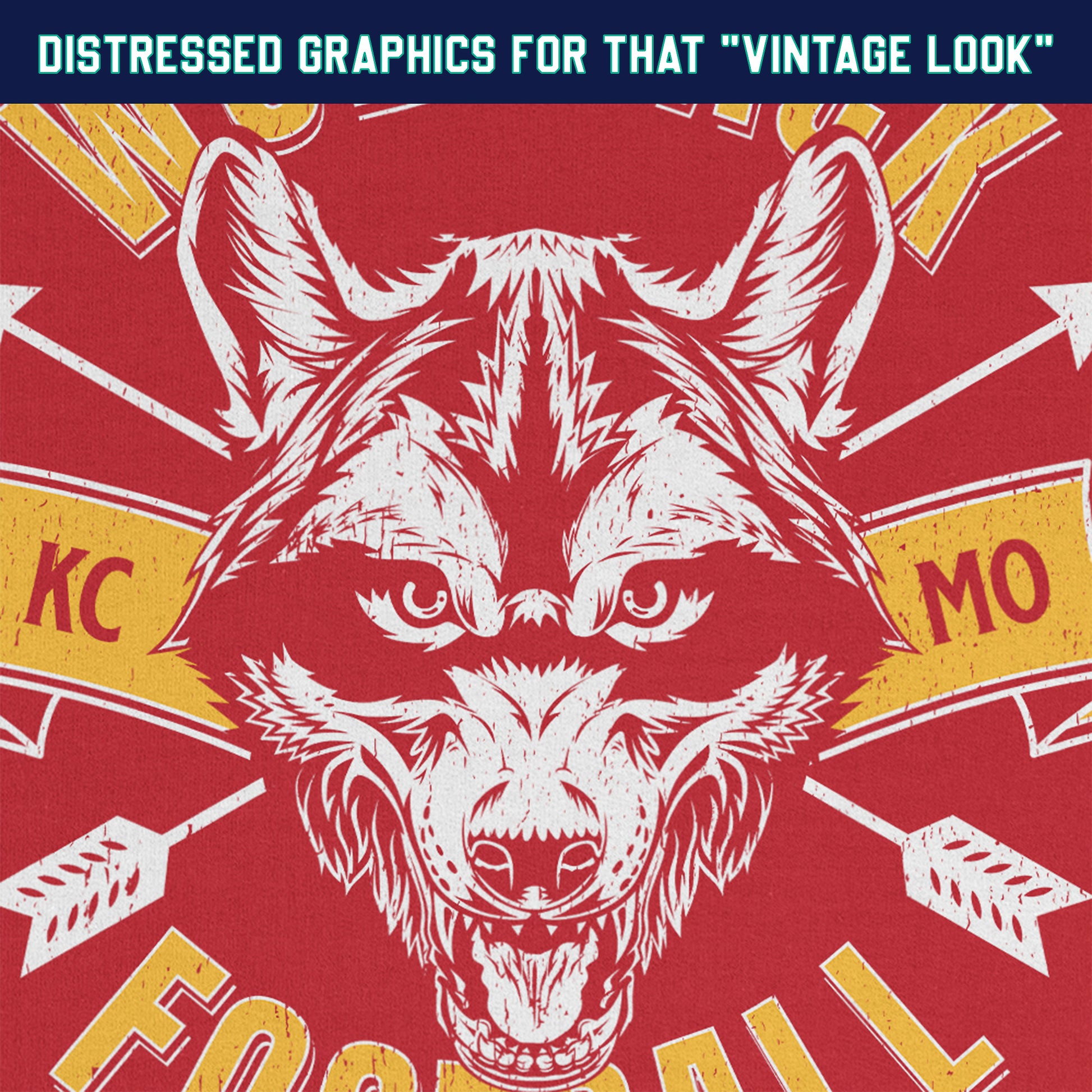 KC Swag Kansas City Chiefs Distressed White & Gold Wolfpack Football on a Red Crewneck Sweatshirt closeup details of distressed graphics