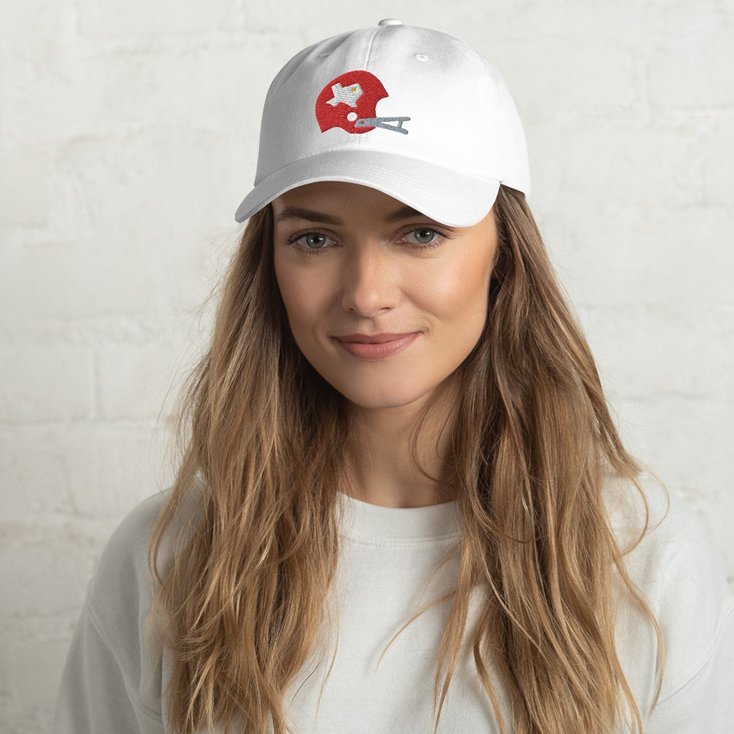 KC Swag Kansas City Chiefs White Texans Helmet Classic Dad hat worn by female model
