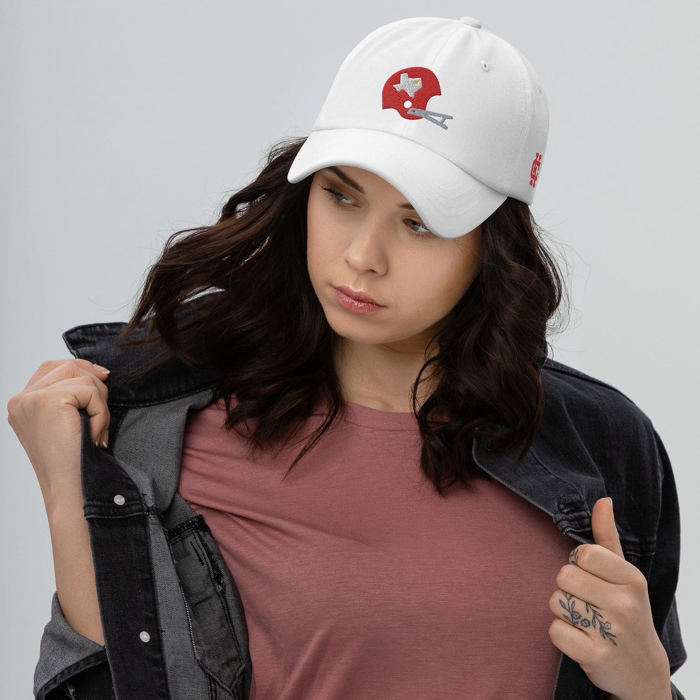 KC SWag Kansas City Chiefs White Texans Helmet Classic Dad hat worn by female model