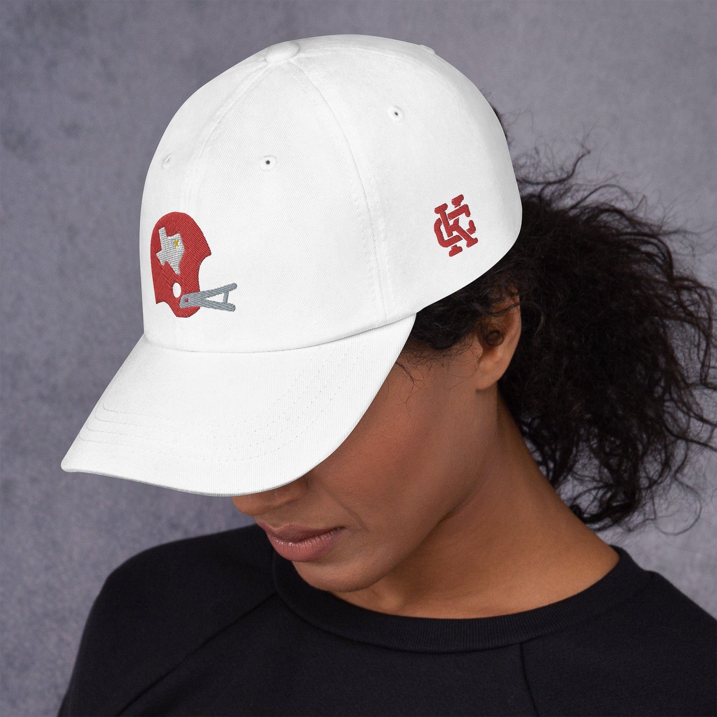 KC SWag Kansas City Chiefs White Texans Helmet Classic Dad hat worn by female model