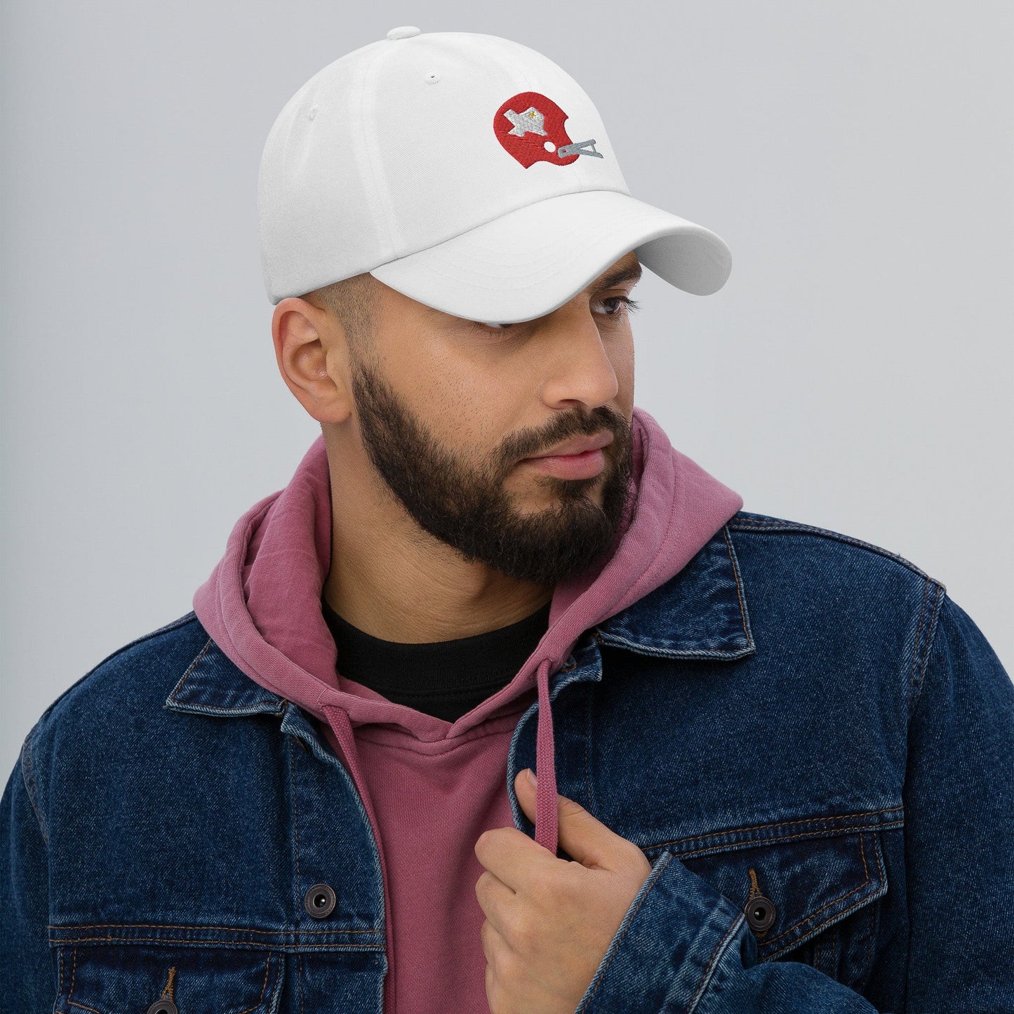 KC SWag Kansas City Chiefs White Texans Helmet Classic Dad hat worn by male model