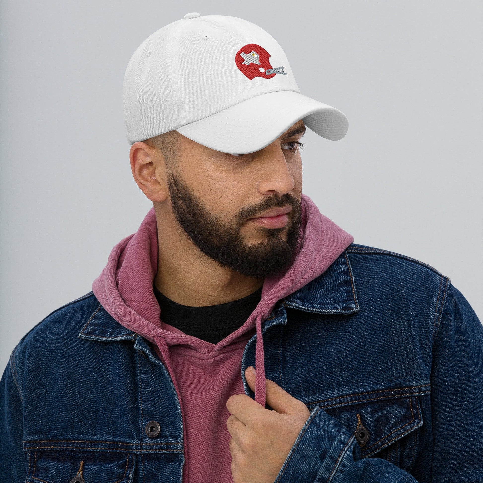 KC SWag Kansas City Chiefs White Texans Helmet Classic Dad hat worn by male model