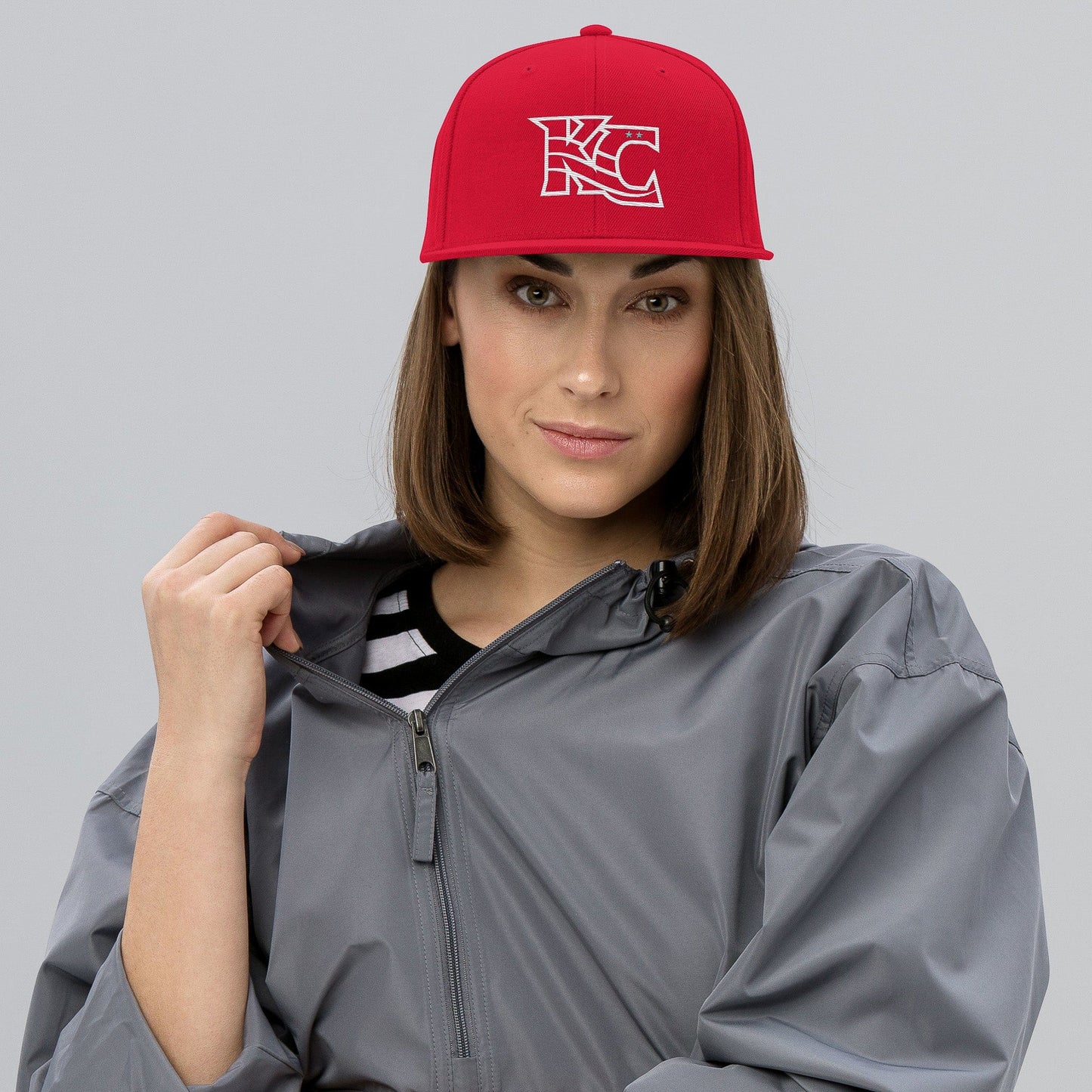 KC Swag Kansas City Current Red Flowing KC Flat Snapback Hat worn by female model