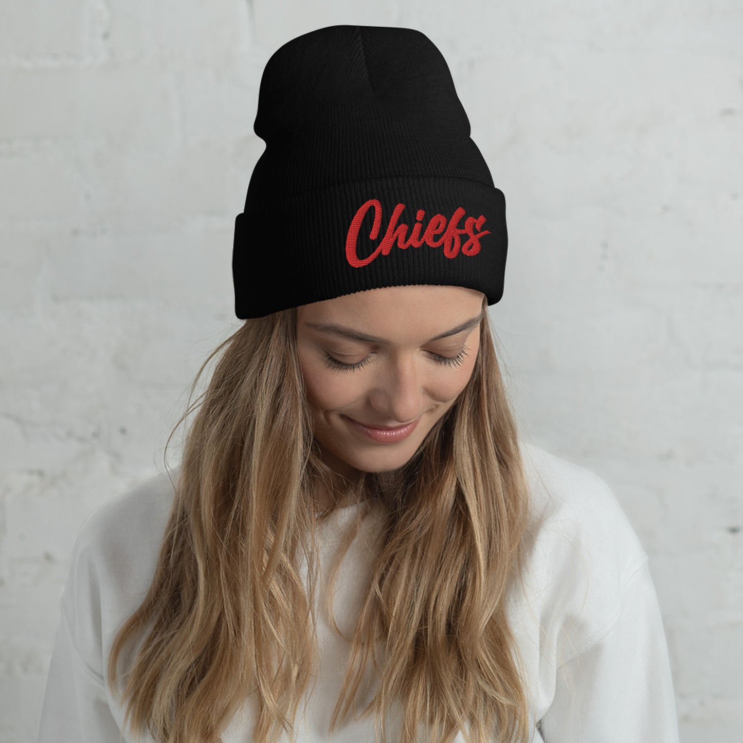 Gray/Red Chiefs Script Knit Beanie