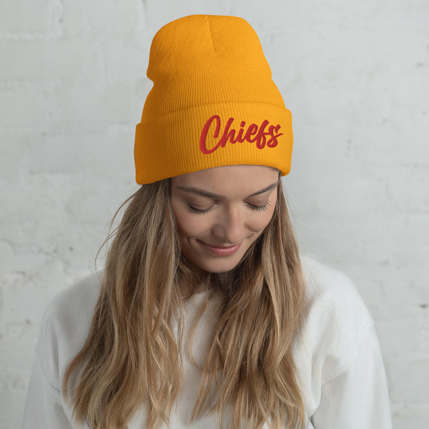 Black/Red Chiefs Script Knit Beanie
