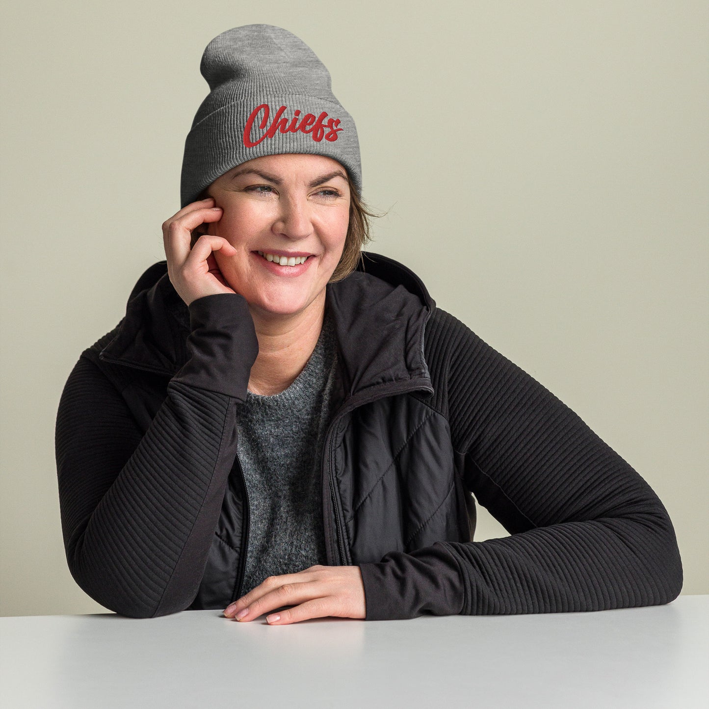 Gray/Red Chiefs Script Knit Beanie