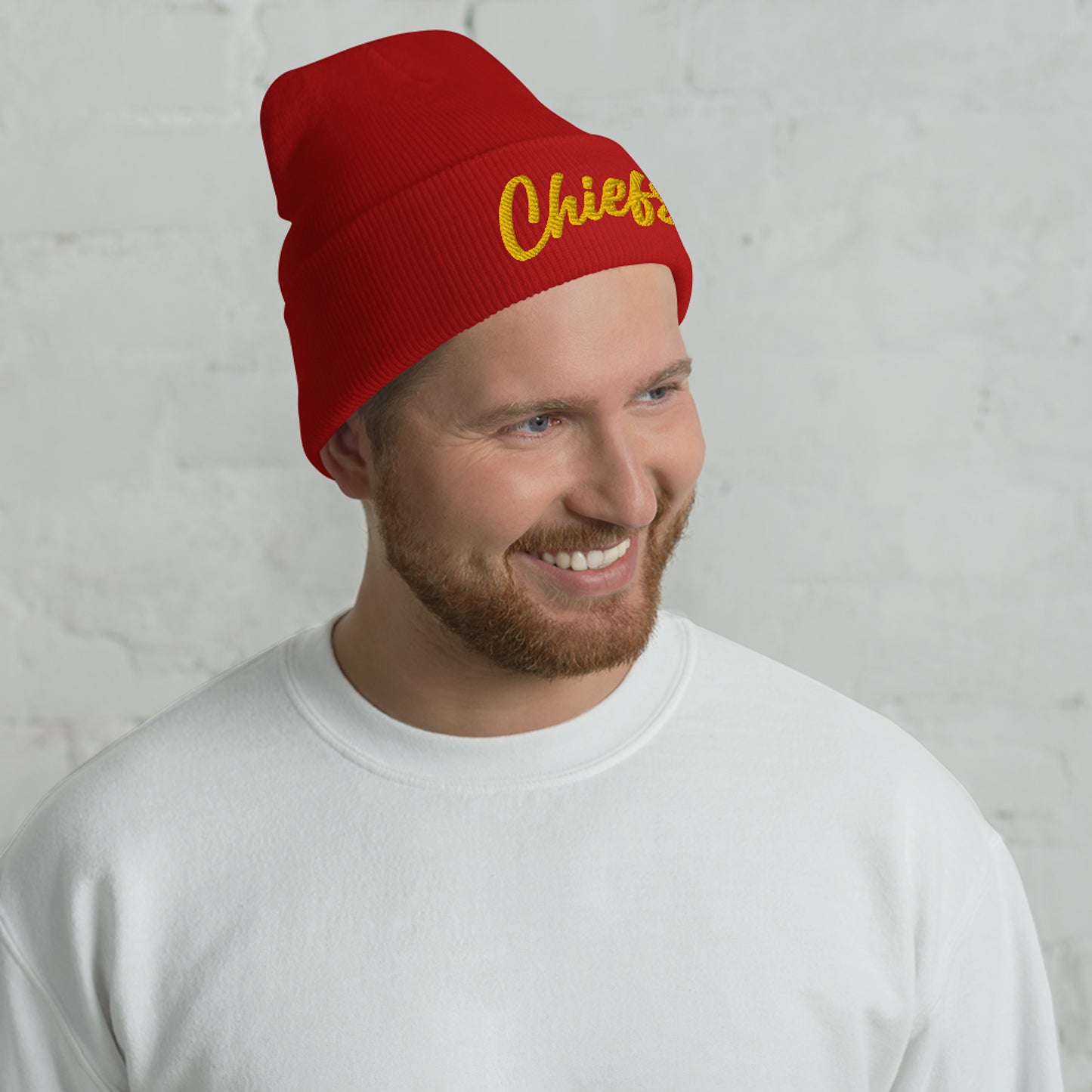 Gray/Red Chiefs Script Knit Beanie