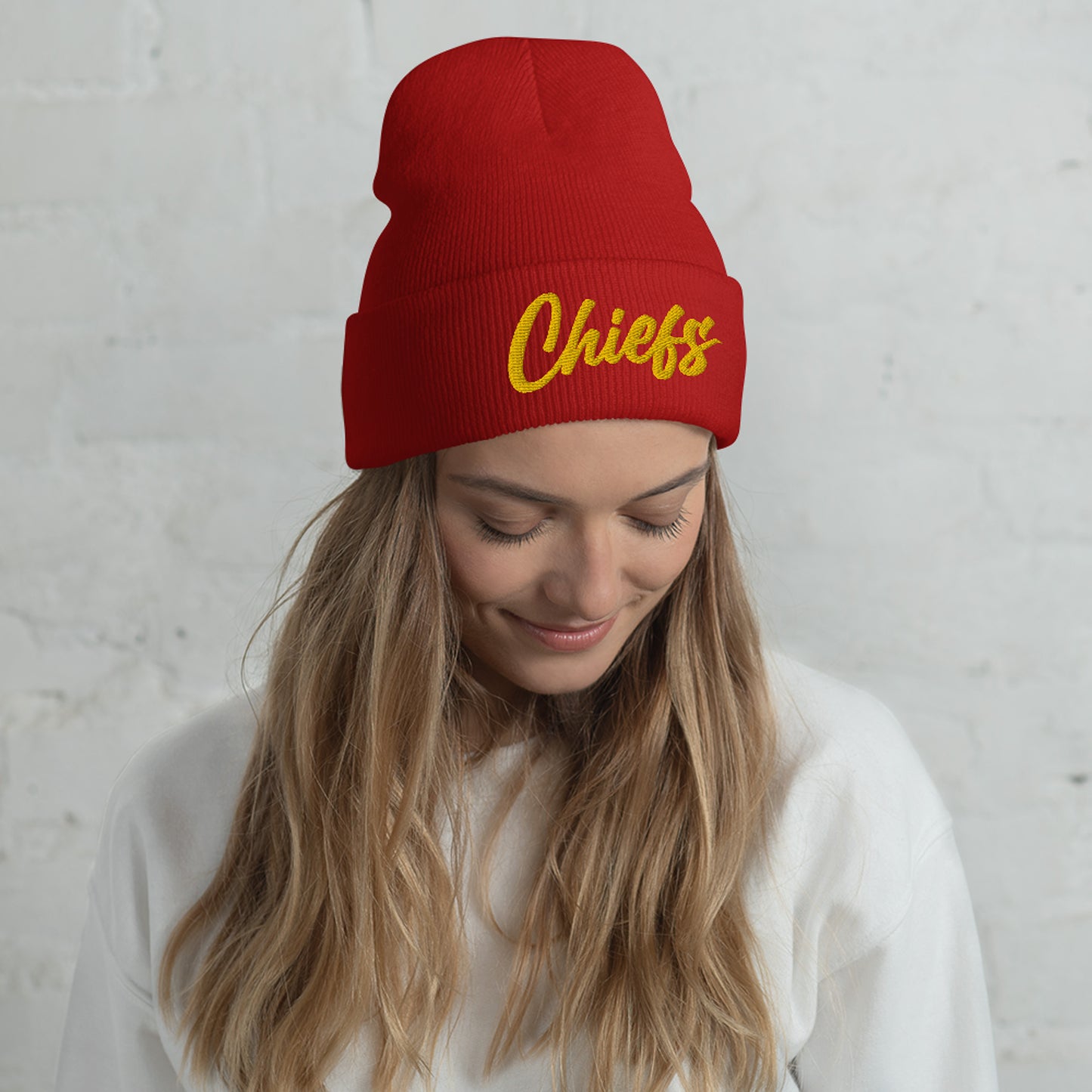 Red/Gold Chiefs Script Knit Beanie