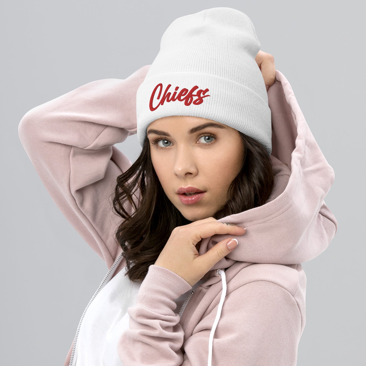 Gray/Red Chiefs Script Knit Beanie