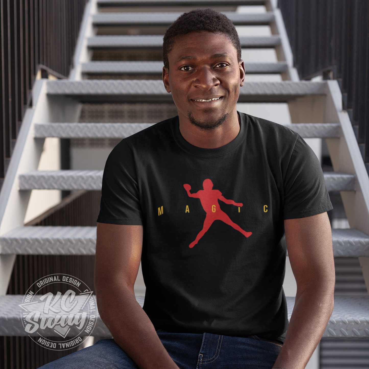 KC Swag - Kansas City Chiefs MAGIC AIR MAHOMES on black unisex t-shirt worn by male model sitting on metal stairs