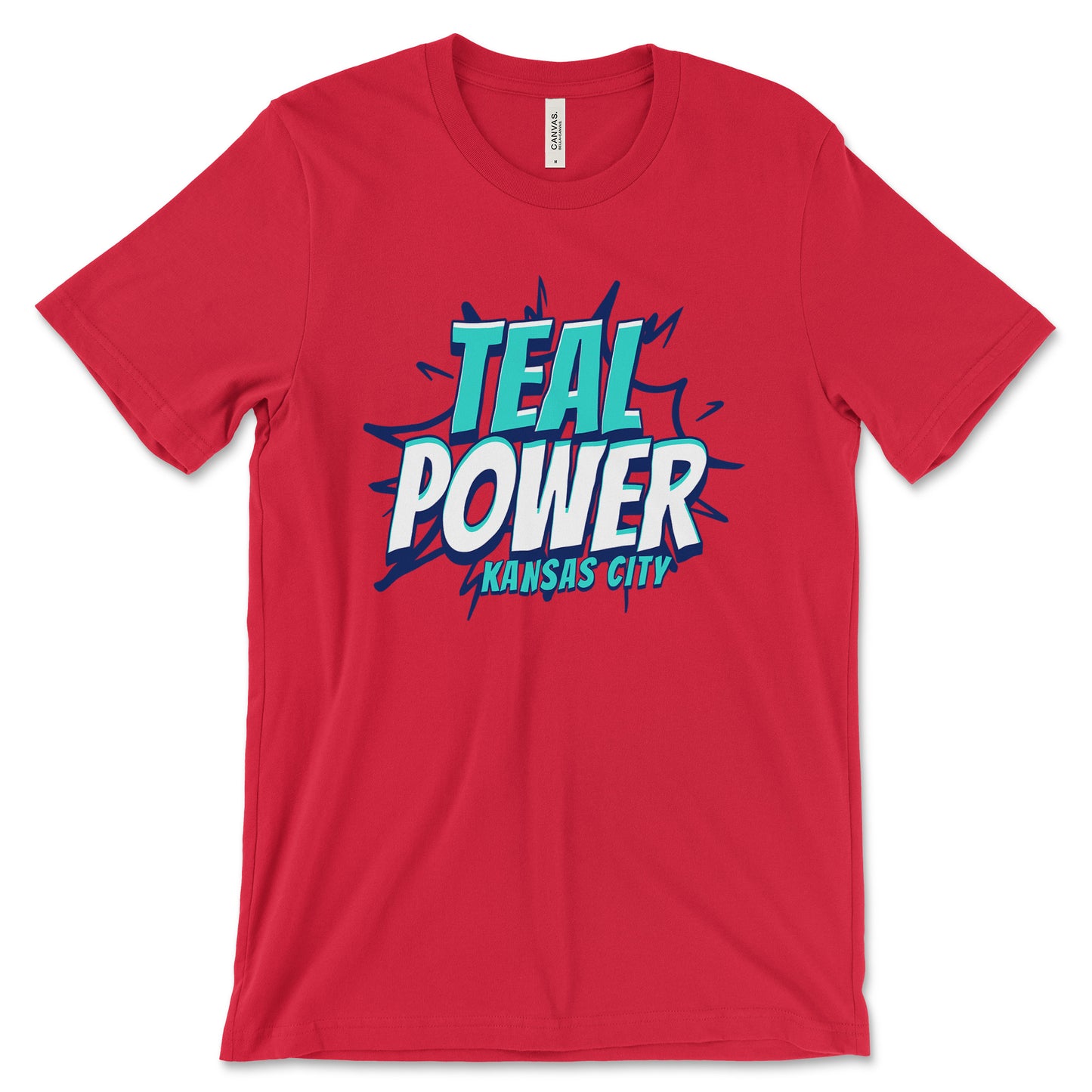 KC Swag - Kansas City Current, Teal Power KC design on red unisex t-shirt