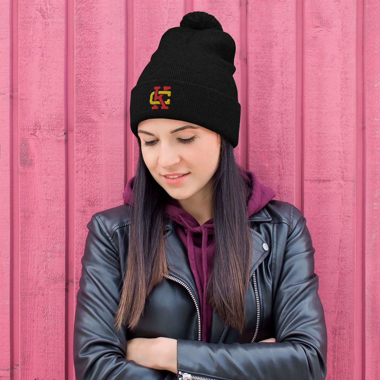 Gold/Red/White KC Interlock Pom-Pom Beanie
