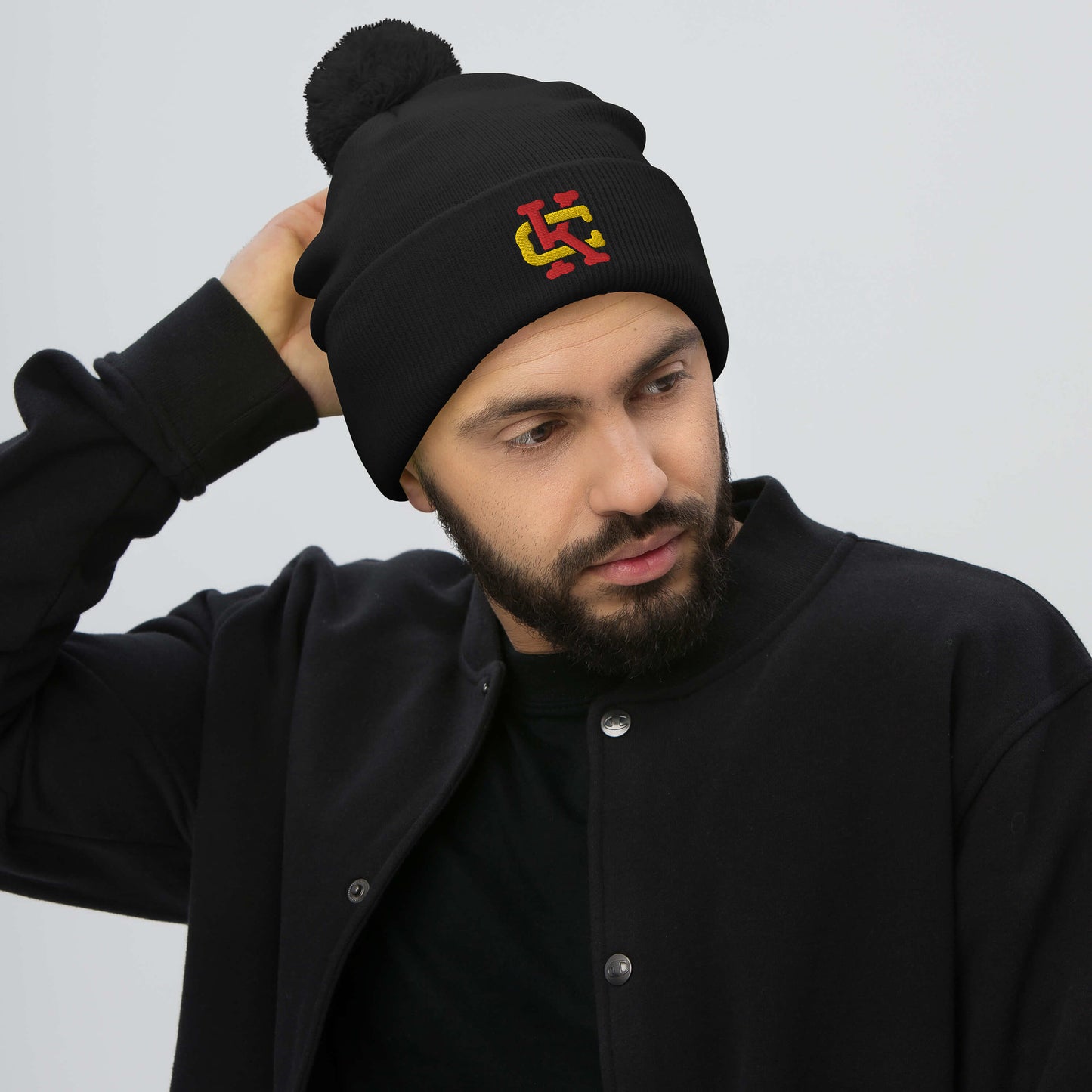 Black/Red/Gold KC Interlock Pom-Pom Beanie