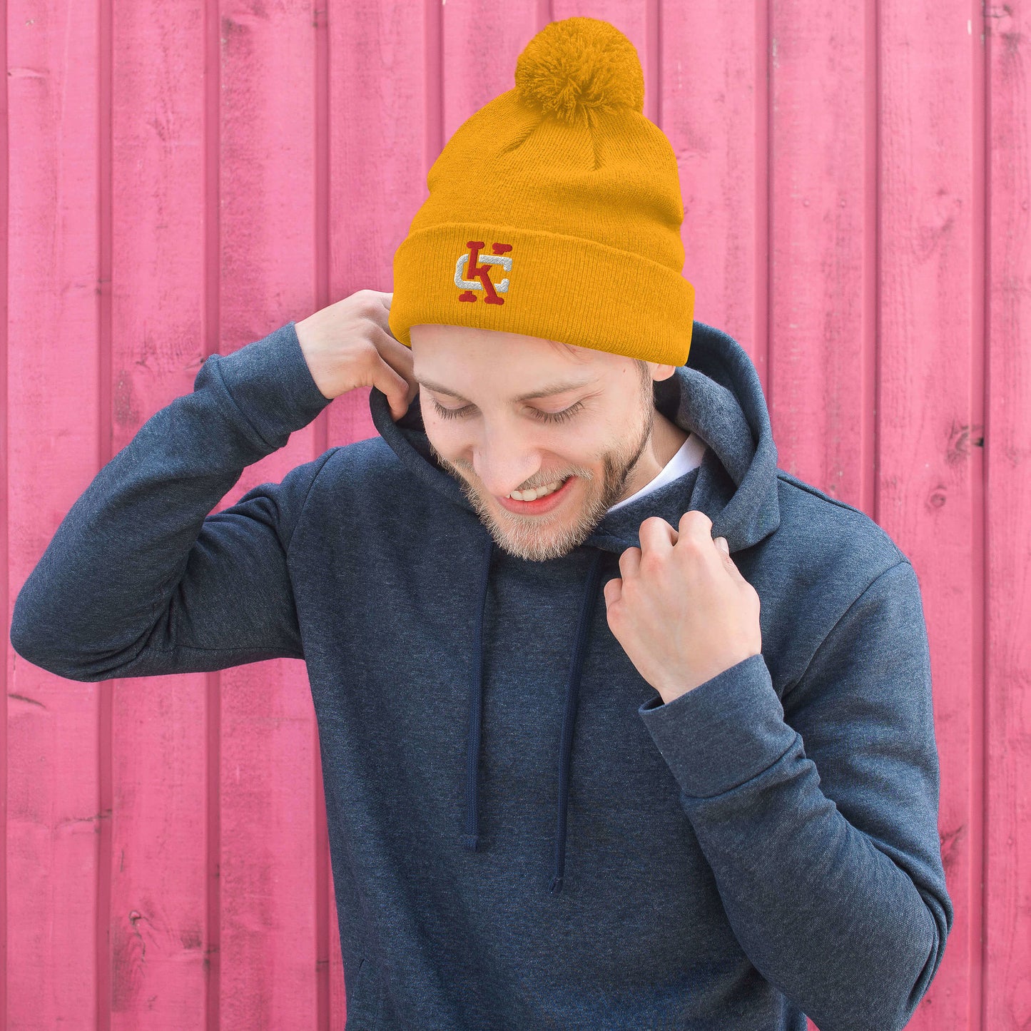 Black/Red/Gold KC Interlock Pom-Pom Beanie