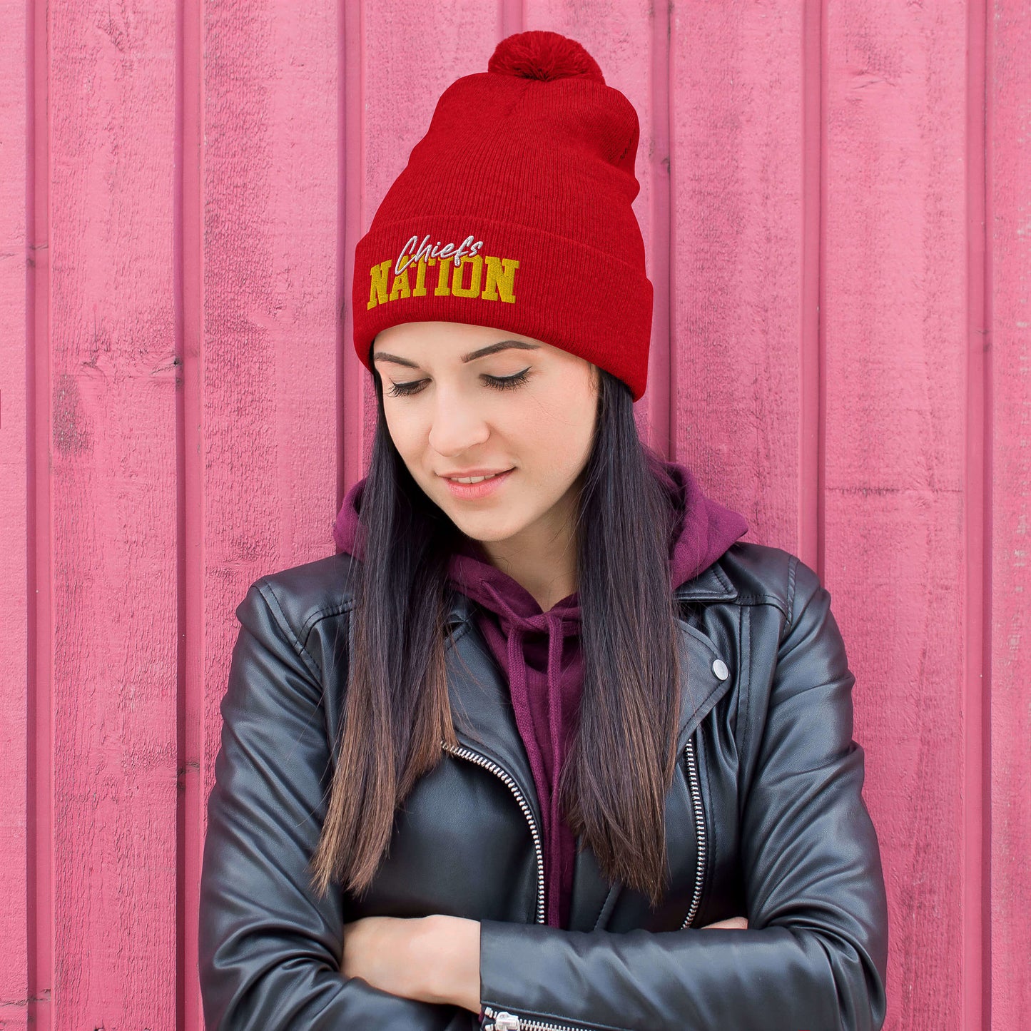 Red/Gray/gold/white Chiefs Nation Pom-Pom Beanie