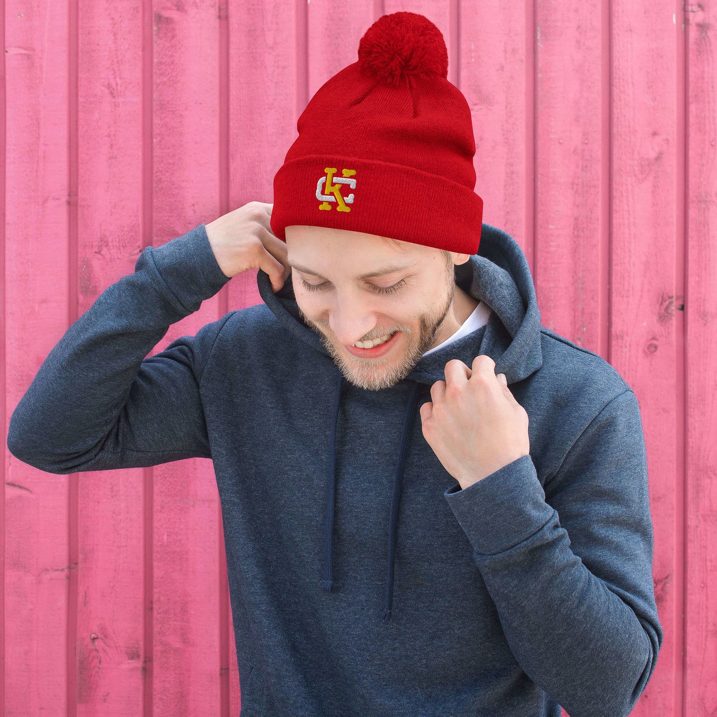Gold/Red/White KC Interlock Pom-Pom Beanie