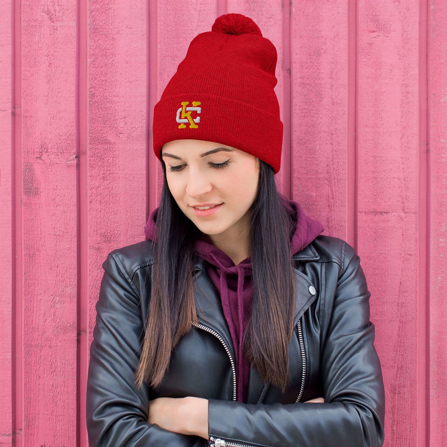 Black/Red/Gold KC Interlock Pom-Pom Beanie