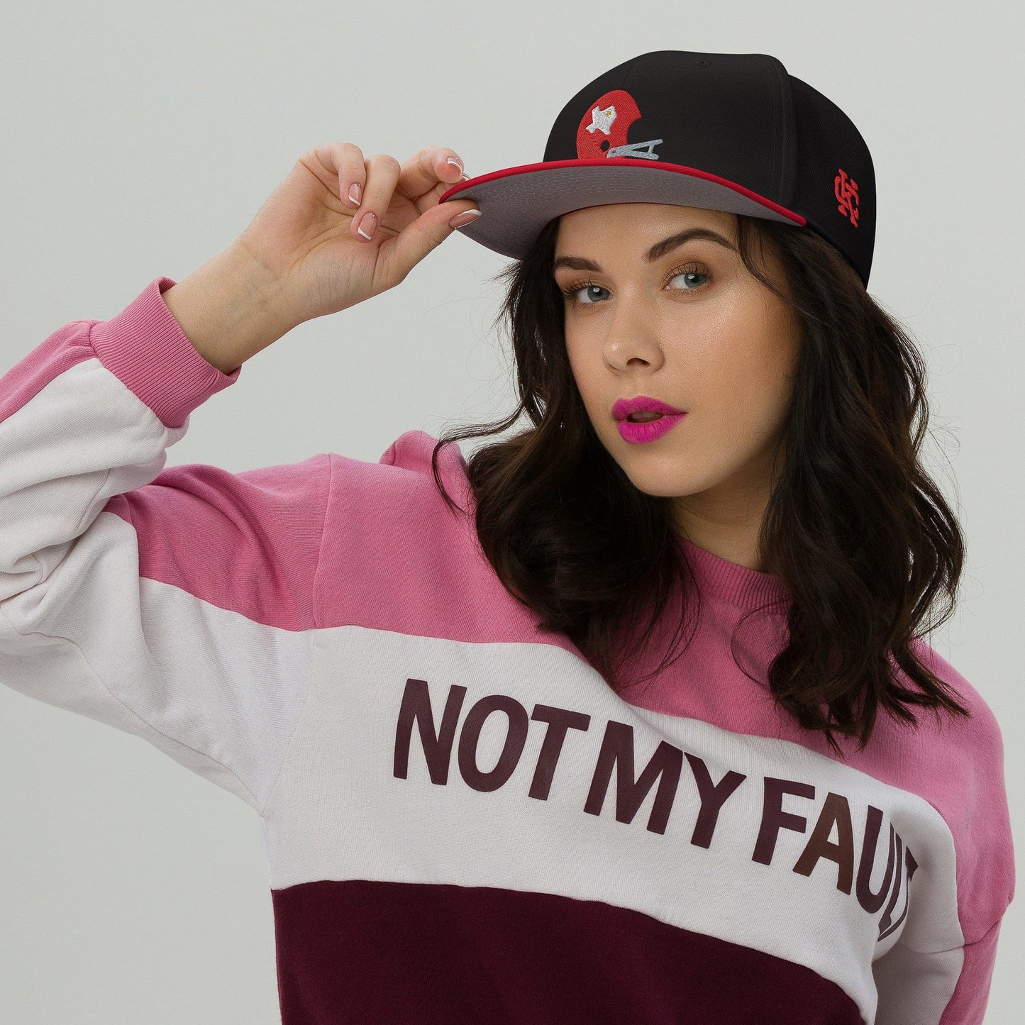 KC SWag Kansas City Chiefs Black/Red Texans Helmet Flat Snapback hat worn by female model