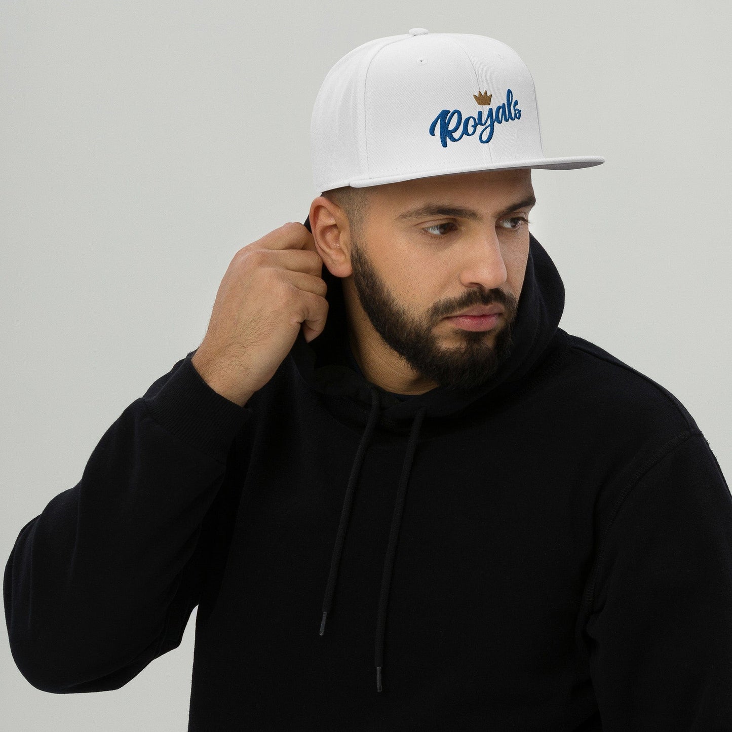 KC Swag Kansas City Royals White Flower Crown Flat Snapback Hat worn by male model