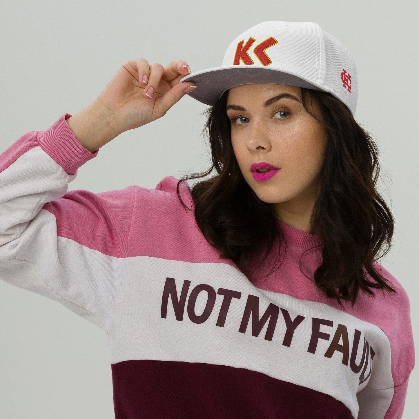KC SWag Kansas City Chiefs White Greek KC Flat Snapback hat worn by female model