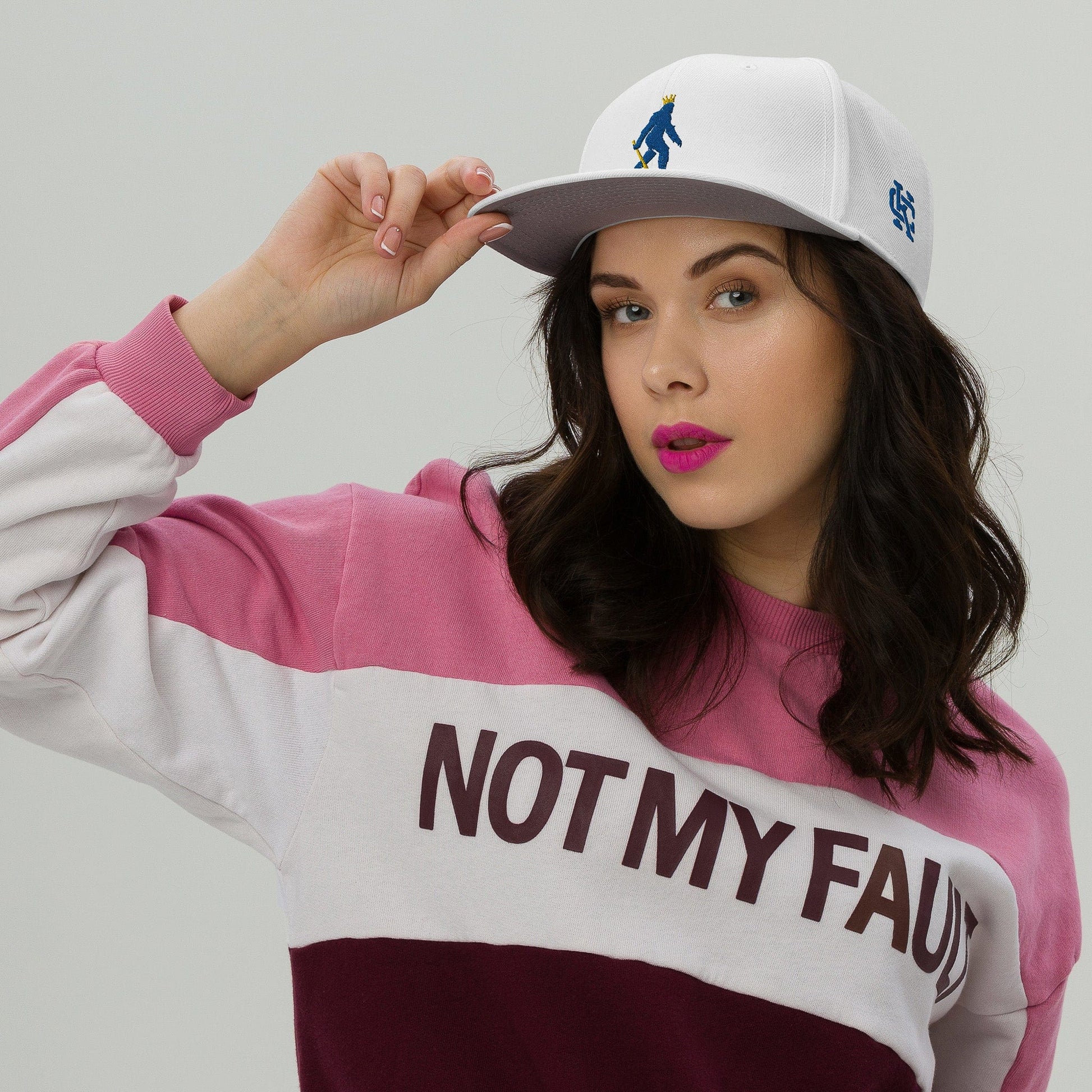KC Swag Kansas City Royals White Crowned Pasquatch Flat Snapback Hat worn by female model