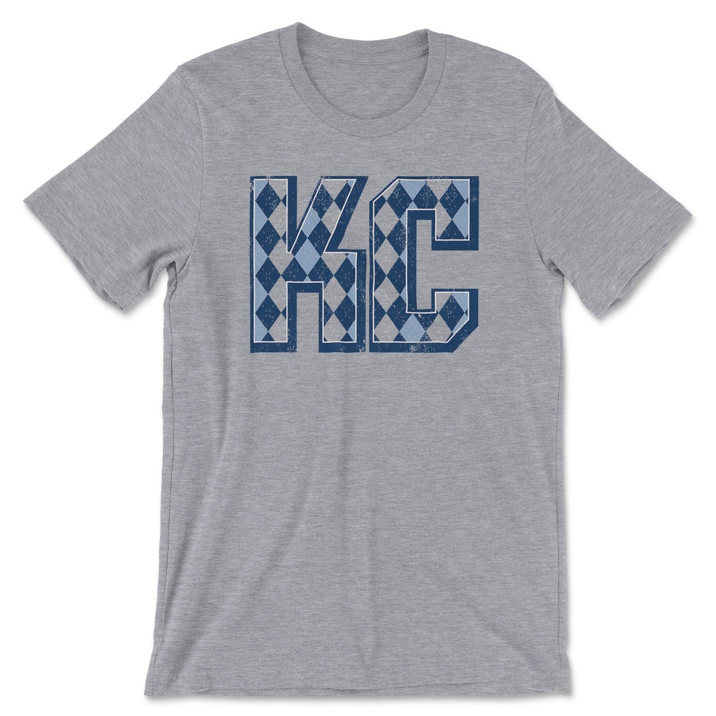 KC Swag Sporting Kansas City powder blue/navy/grey ARGYLE PATTERN KC on athletic heather grey t-shirt