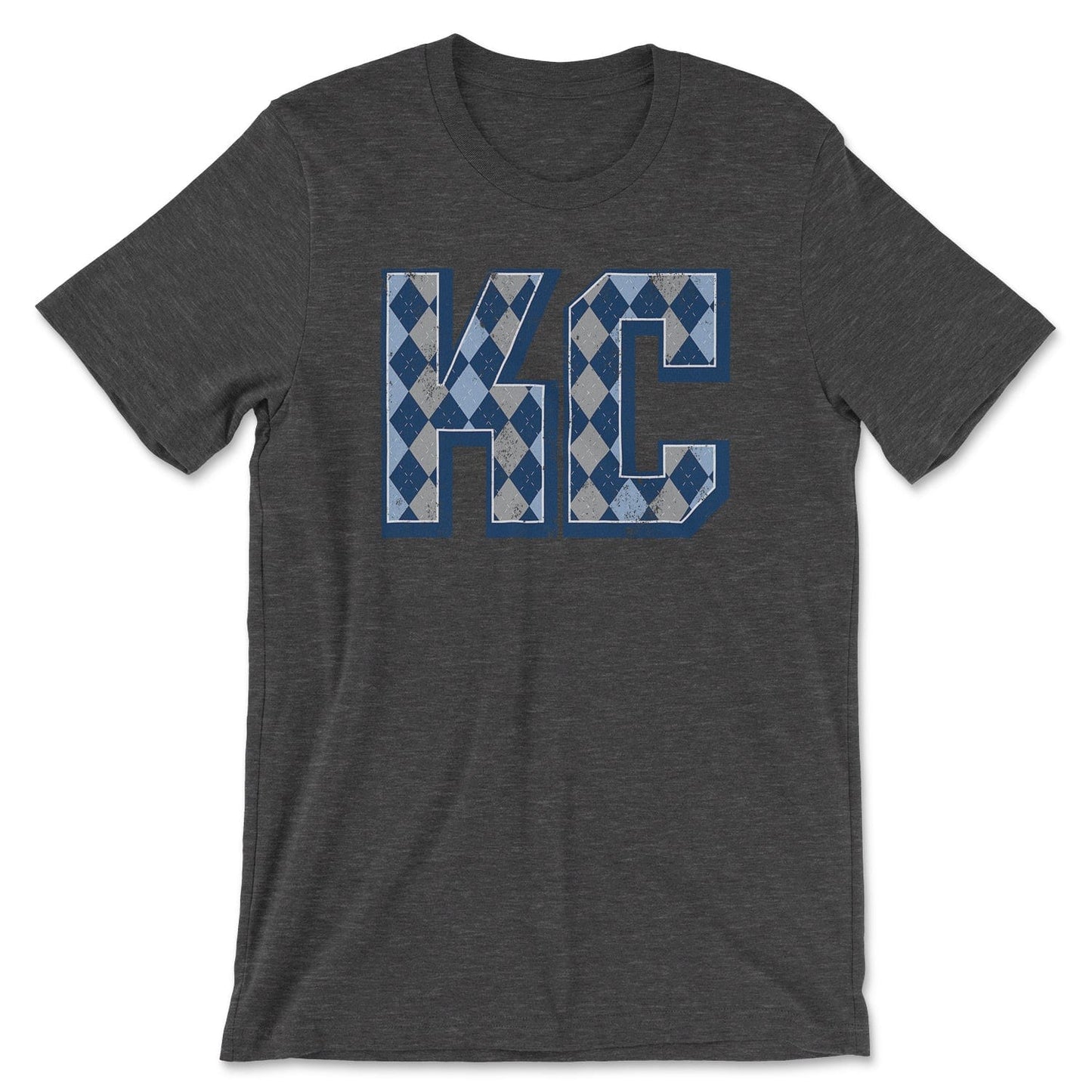 KC Swag Sporting Kansas City powder blue/navy/grey ARGYLE PATTERN KC on dark heather grey t-shirt