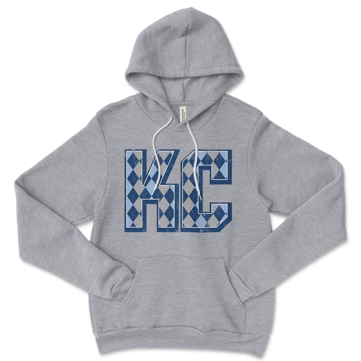 KC Swag Sporting Kansas City powder blue/navy/grey/white ARGYLE pattern KC on athletic heather grey fleece pull-over hoodie