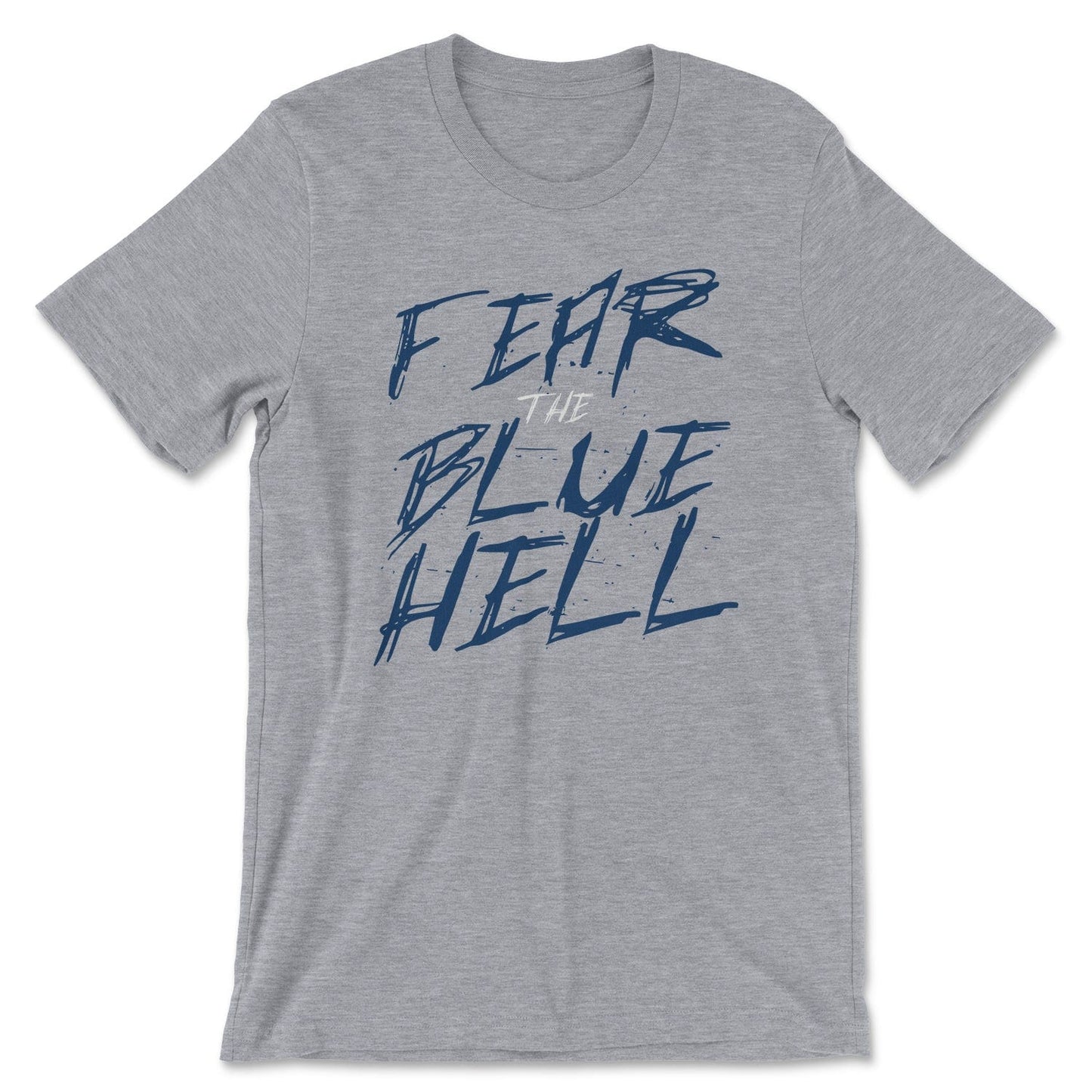 KC Swag Sporting Kansas City navy blue white FEAR THE BLUE HELL on athletic heather grey t-shirt