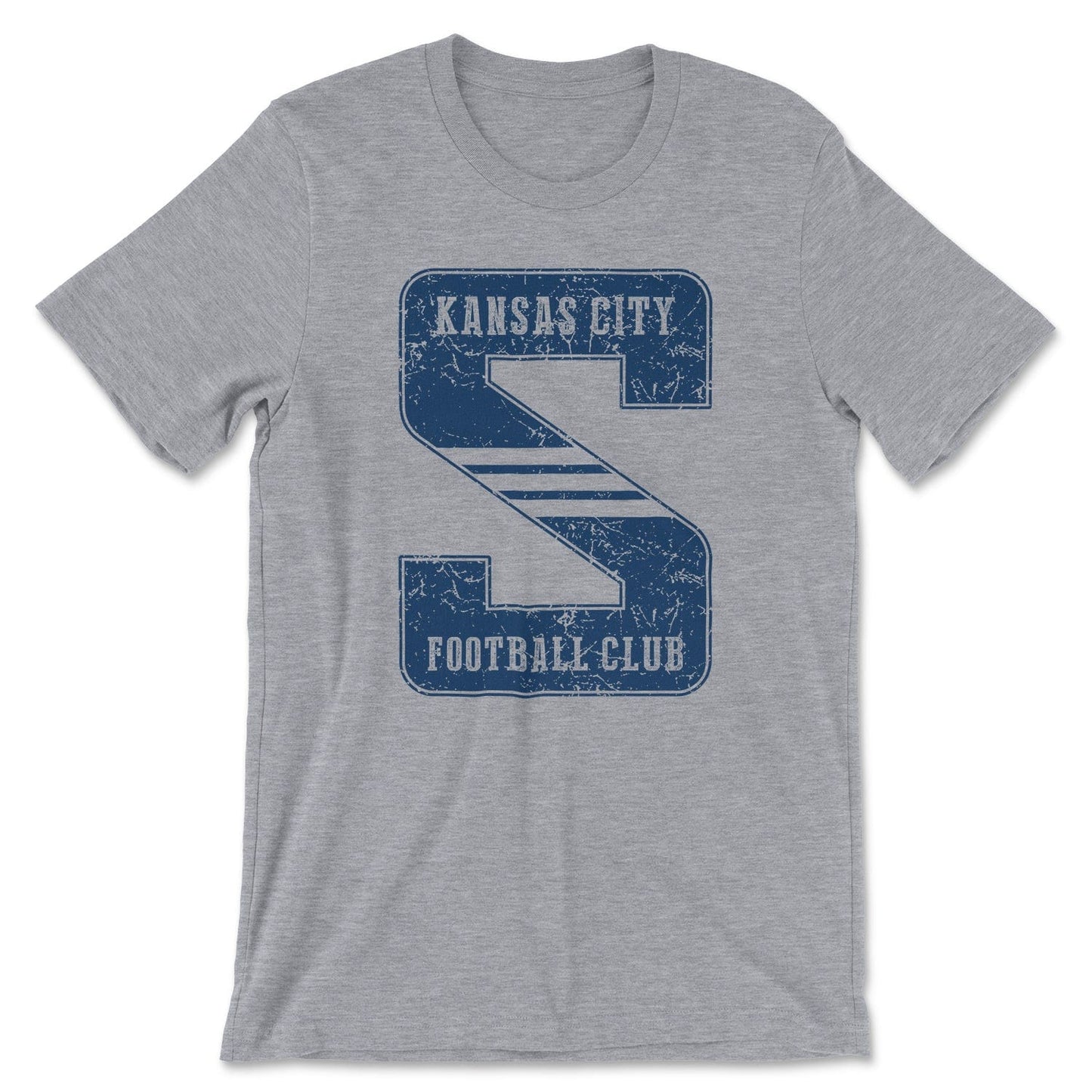 KC Swag Sporting Kansas City navy KANSAS CITY FOOTBALL CLUB on giant striped S on athletic heather grey t-shirt