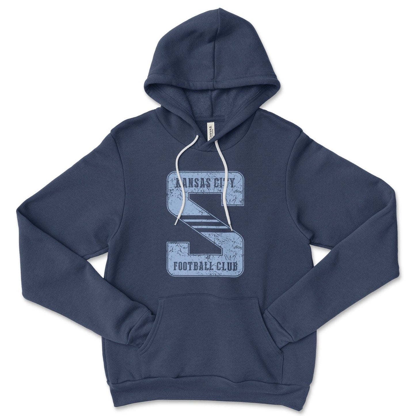 KC Swag Sporting Kansas City powder blue KANSAS CITY FOOTBALL CLUB in STRIPED S on navy fleece pull-over hoodie
