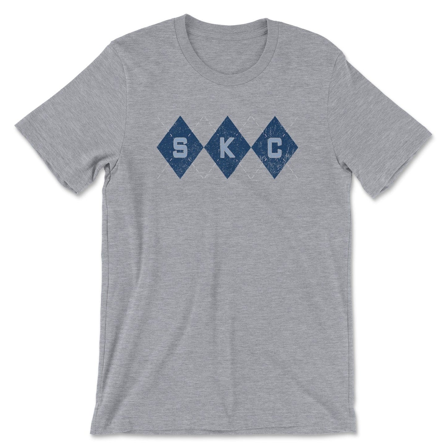 KC Swag Sporting Kansas City powder blue/navy/grey SKC DIAMONDS with argyle stitching on athletic heather grey t-shirt